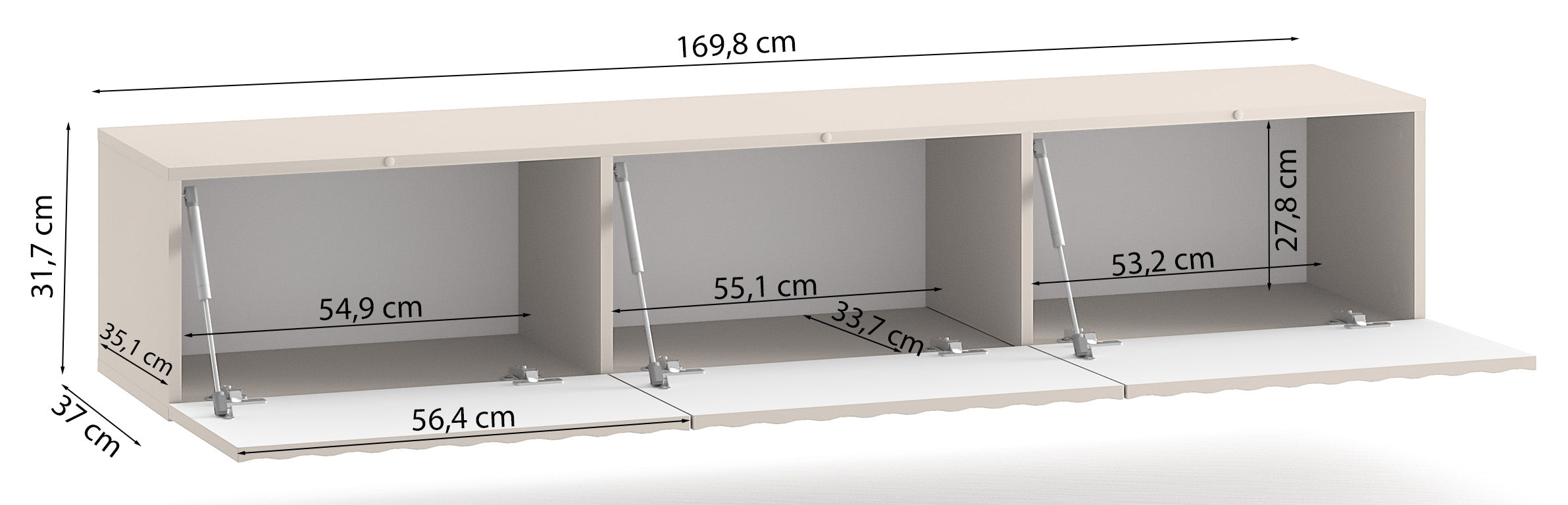 Rysunek wymiarowy - Szafka RTV Derriva wisząca: szerokość 169,8 cm, głębokość 37 cm, wysokość 31,7 cm