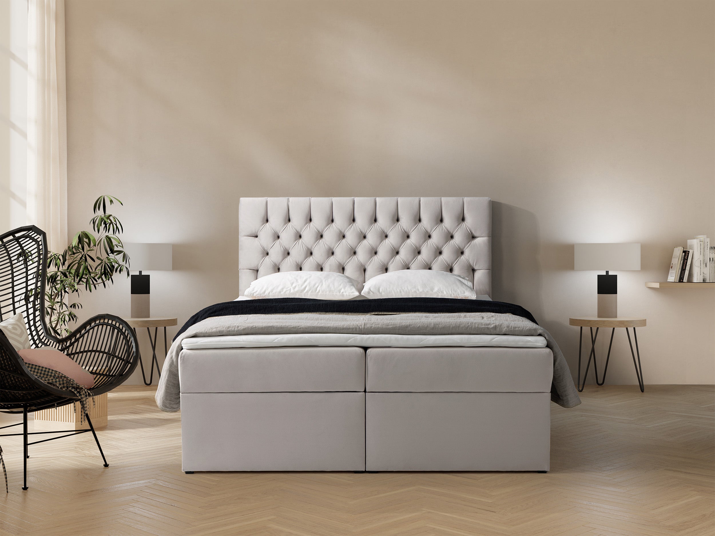 Łóżko kontynentalne 140x200 cm Daissy z pojemnikami i topperem jasnobeżowe welur
