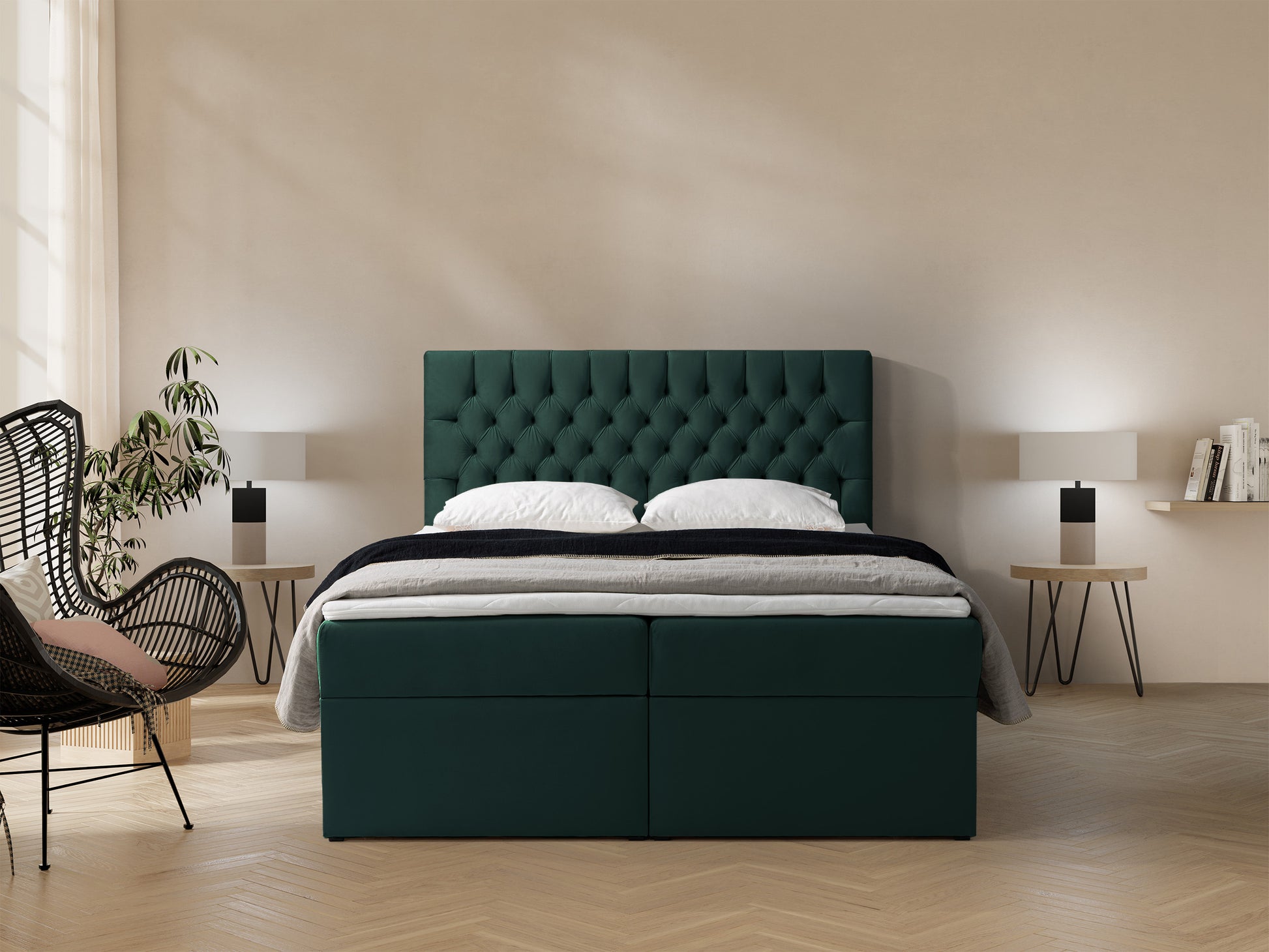 Łóżko kontynentalne Daissy 160x200 cm z pojemnikami i topperem butelkowa zieleń - z materacem