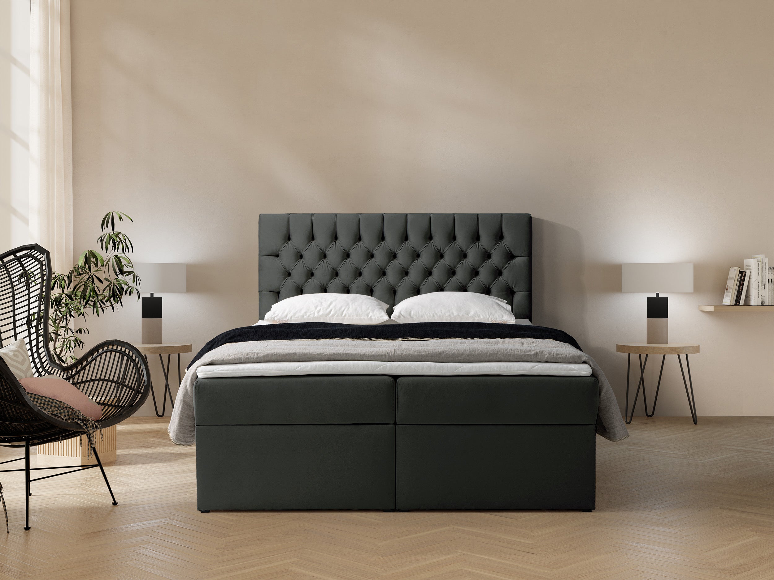 Łóżko kontynentalne 160x200 cm Daissy z pojemnikami i topperem ciemnoszare welur