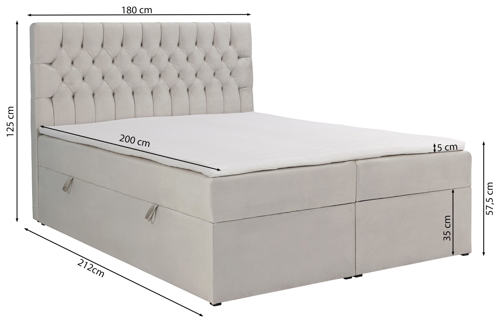 Łóżko kontynentalne Daissy 180x200 cm z pojemnikami i topperem ciemnoszare - tapicerka z weluru