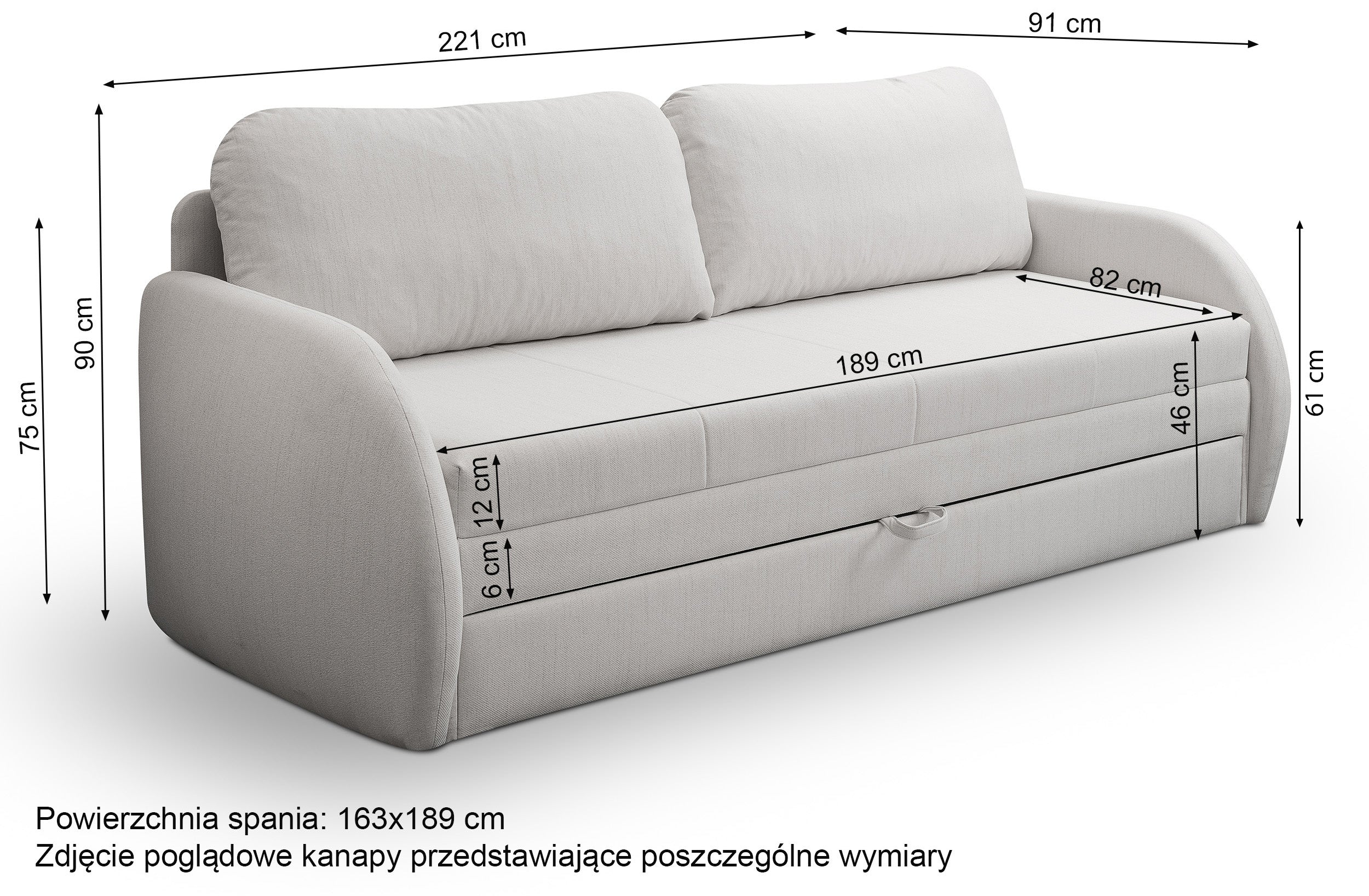 Rysunek wymiarowy - Kanapa rozkładana Diego granatowa: szerokość 221 cm, głębokość 91 cm, wysokość 90 cm