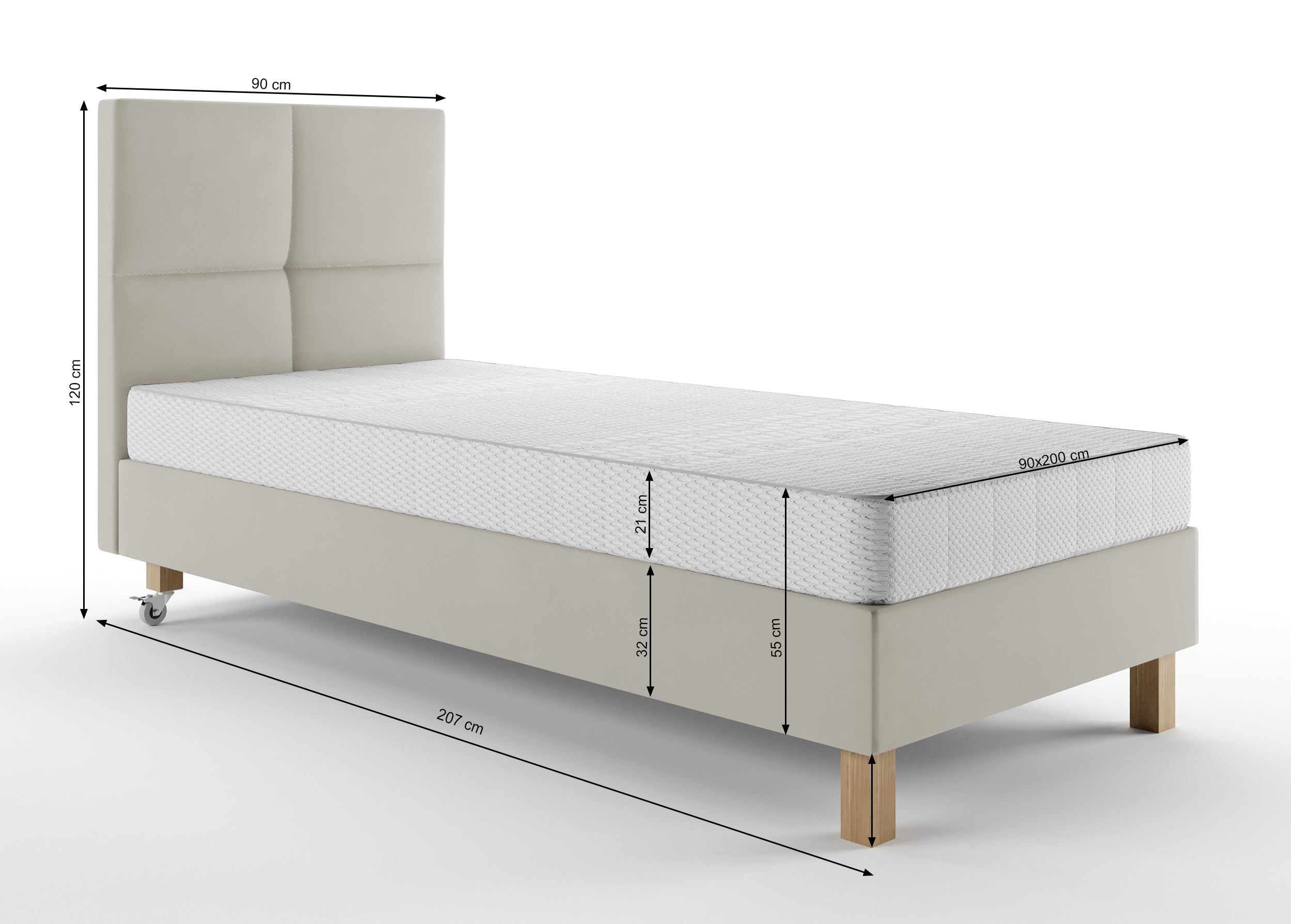 Rysunek wymiarowy - Łóżko tapicerowane Donbay 90x200 cm z wezglowiem panelowym i materacem kieszeniowym czarne: szerokość 90 cm, długość 210 cm, wysokość 120 cm