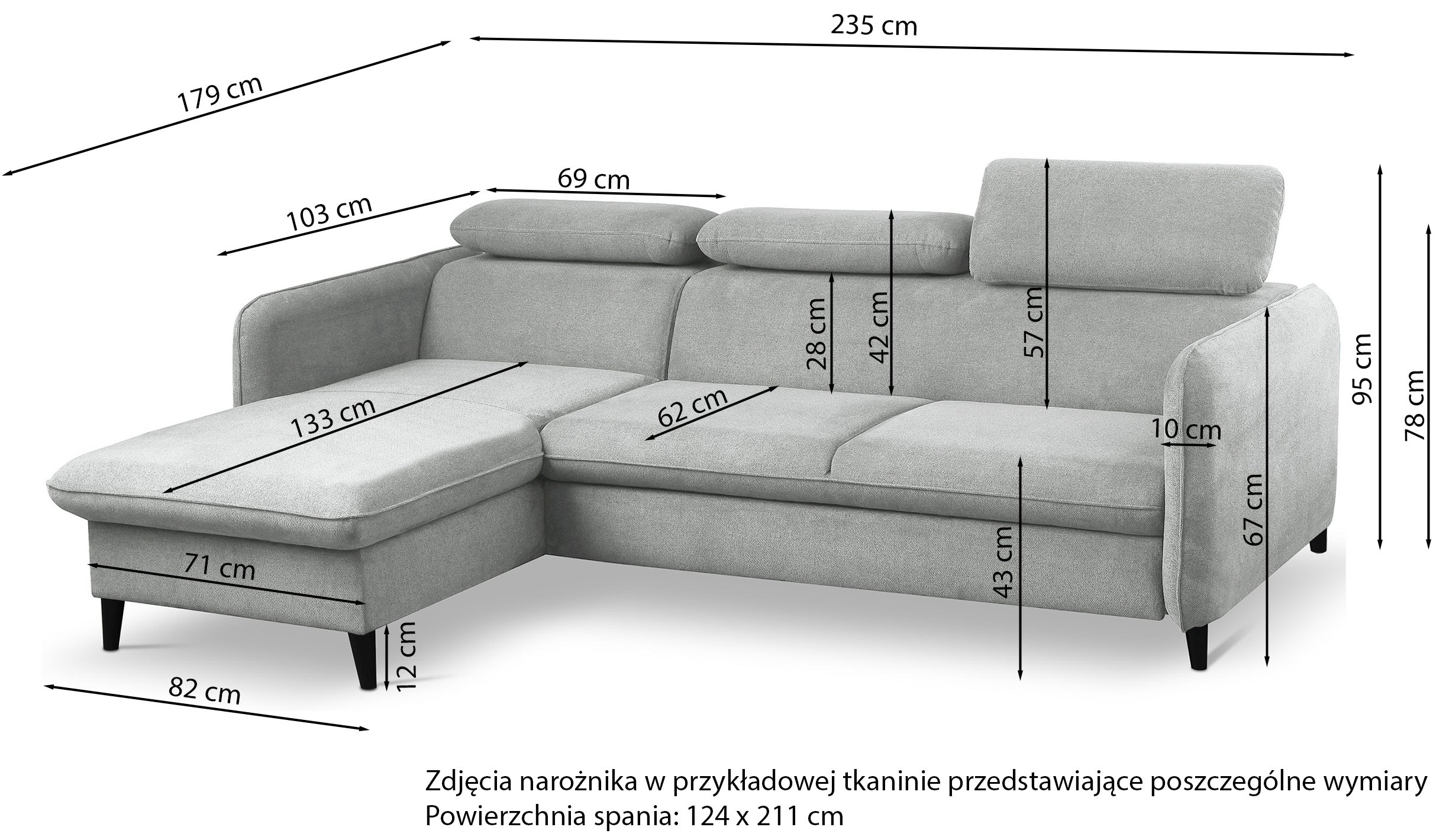 Rysunek wymiarowy - Narożnik Drene lewostronny z regulowanymi zagłówkami i pojemnikiem jasnoszary: szerokość 235 cm, głębokość 179 cm, wysokość 95 cm