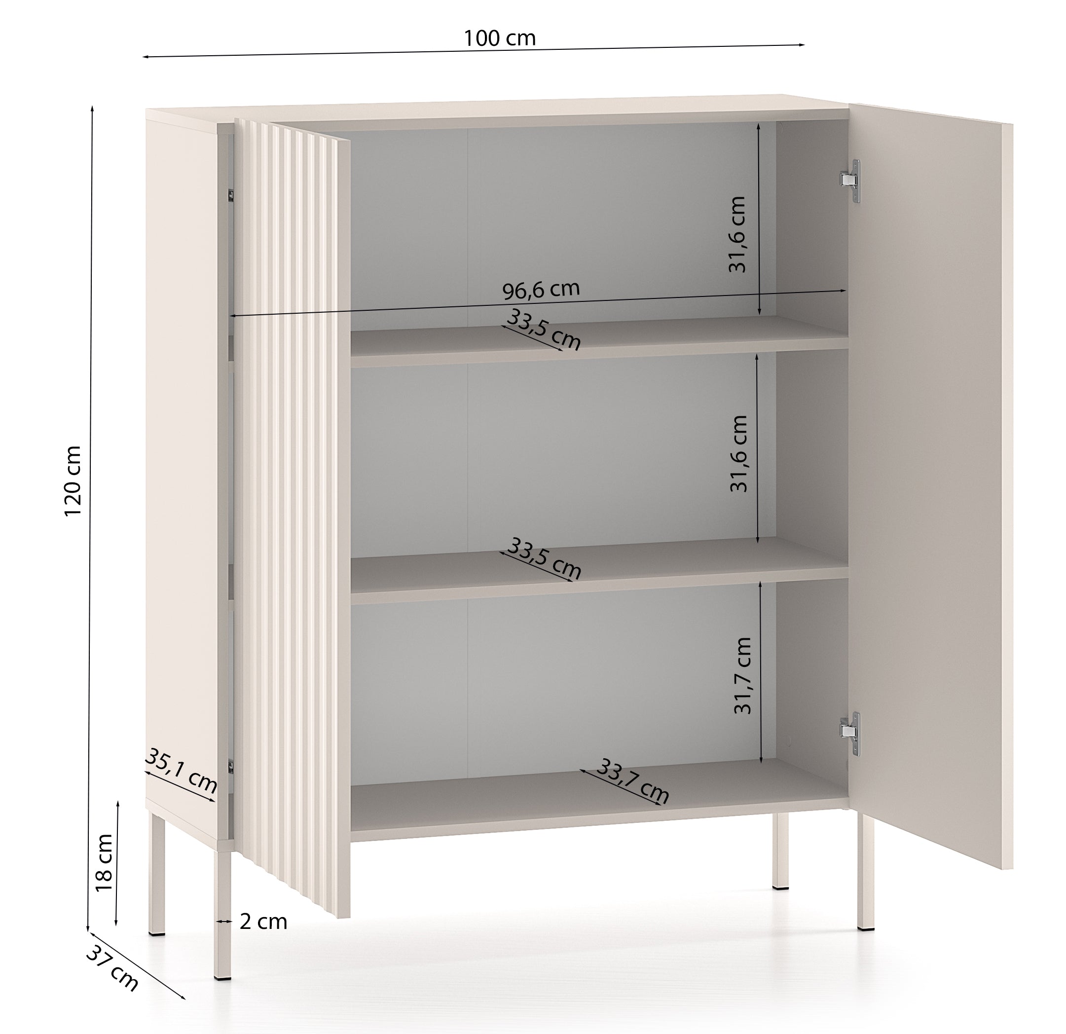 Rysunek wymiarowy - Wysoka komoda Derriva dwudrzwiowa z ryflowanymi frontami 100: szerokość 100 cm, głębokość 37 cm, wysokość 120 cm