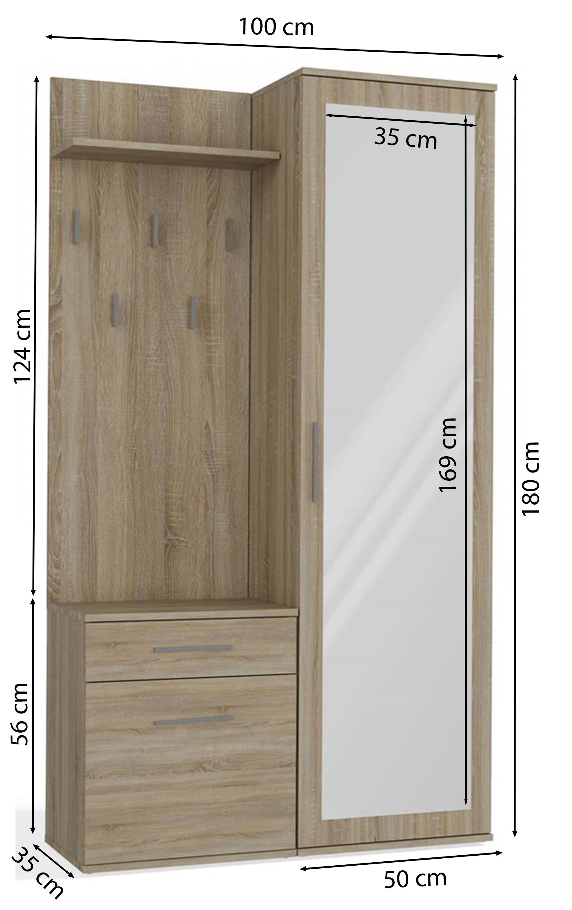 Zestaw do przedpokoju Duvio z szafą i lustrem 100 cm dąb sonoma