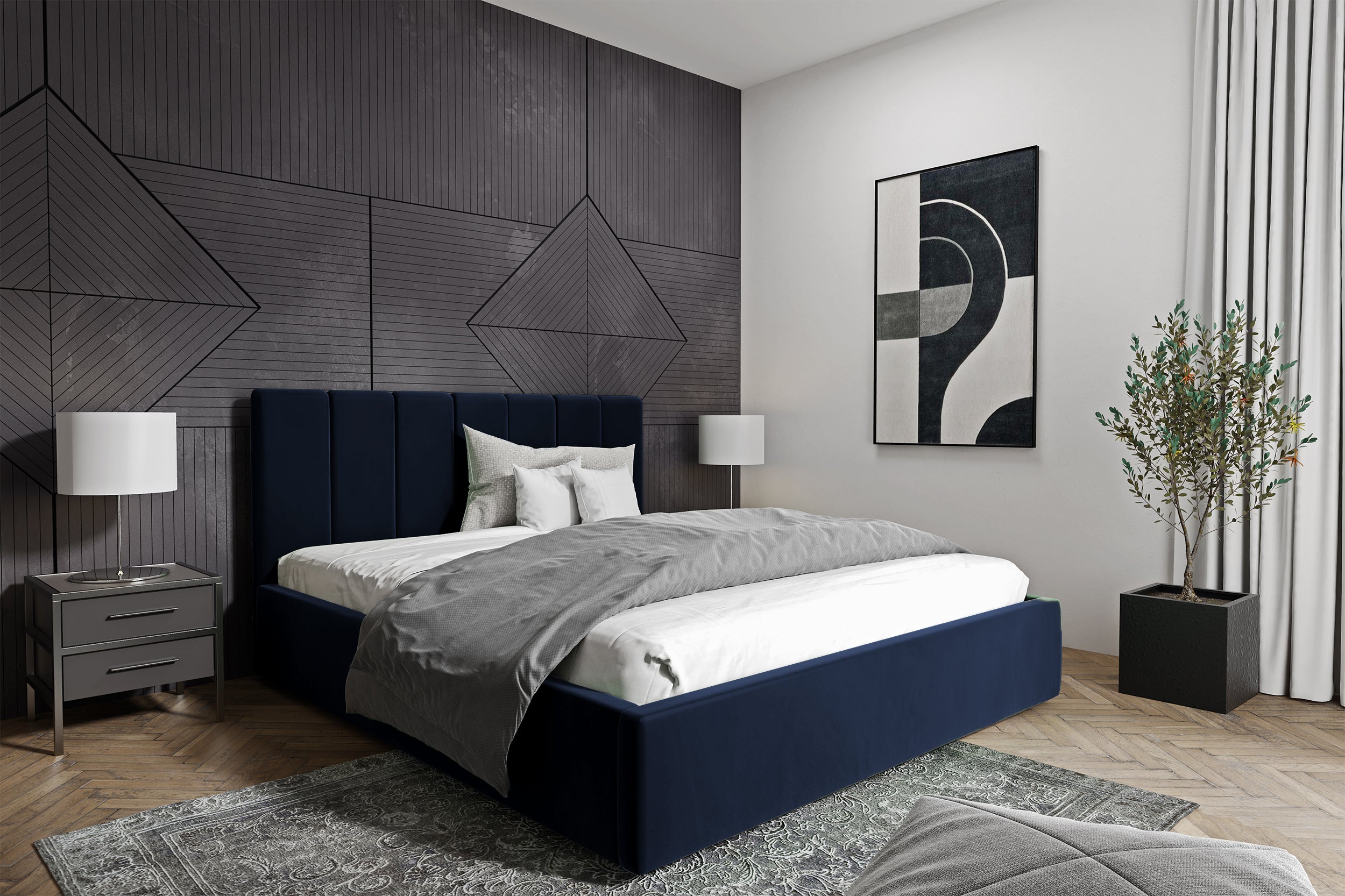 Łóżko tapicerowane Isara 140x200 cm z pojemnikiem granatowe welur