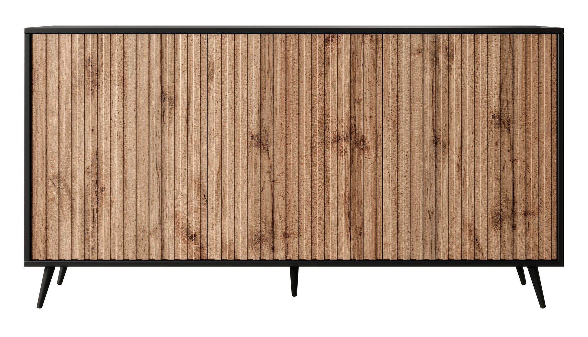 Komoda Bello z lamelowymi frontami 154 cm czarna/dąb wotan - styl industrialny