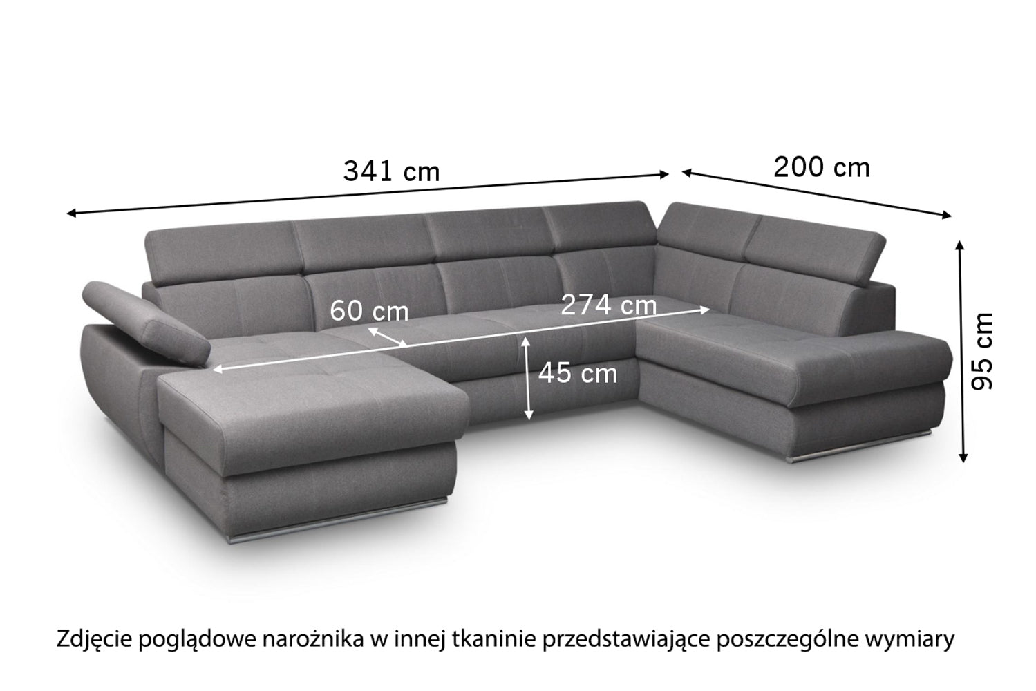 Narożnik z funkcją spania Ararip 341 cm U-kształtny z regulowanymi zagłówkami i pojemnikiem jasnobeżowy welur hydrofobowy lewostronny