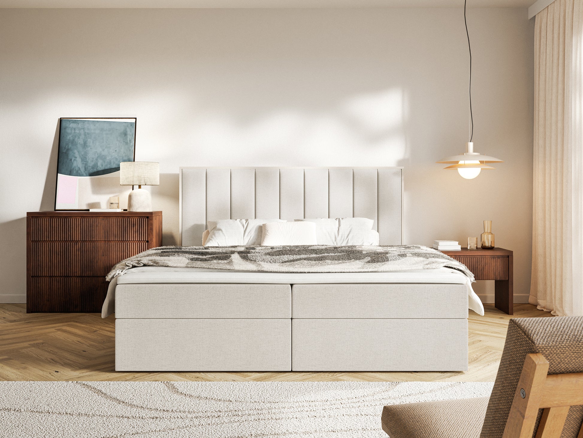 Łóżko kontynentalne Togents 180x200 cm z pojemnikami i topperem jasnobeżowe szenil - rodzaj dwuosobowy