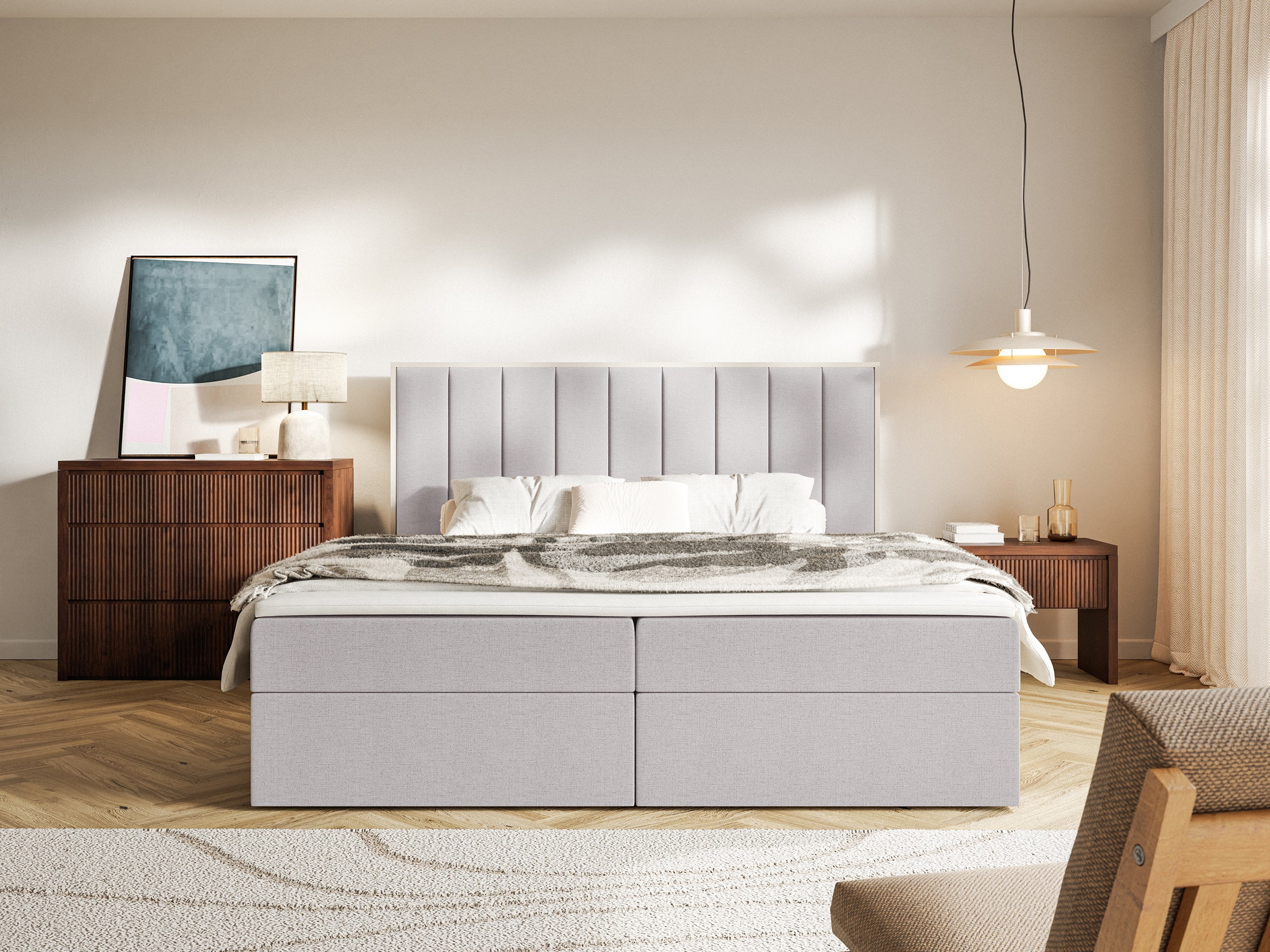 Łóżko kontynentalne 180x200 cm Togents z pojemnikami i topperem szare szenil hydrofobowy