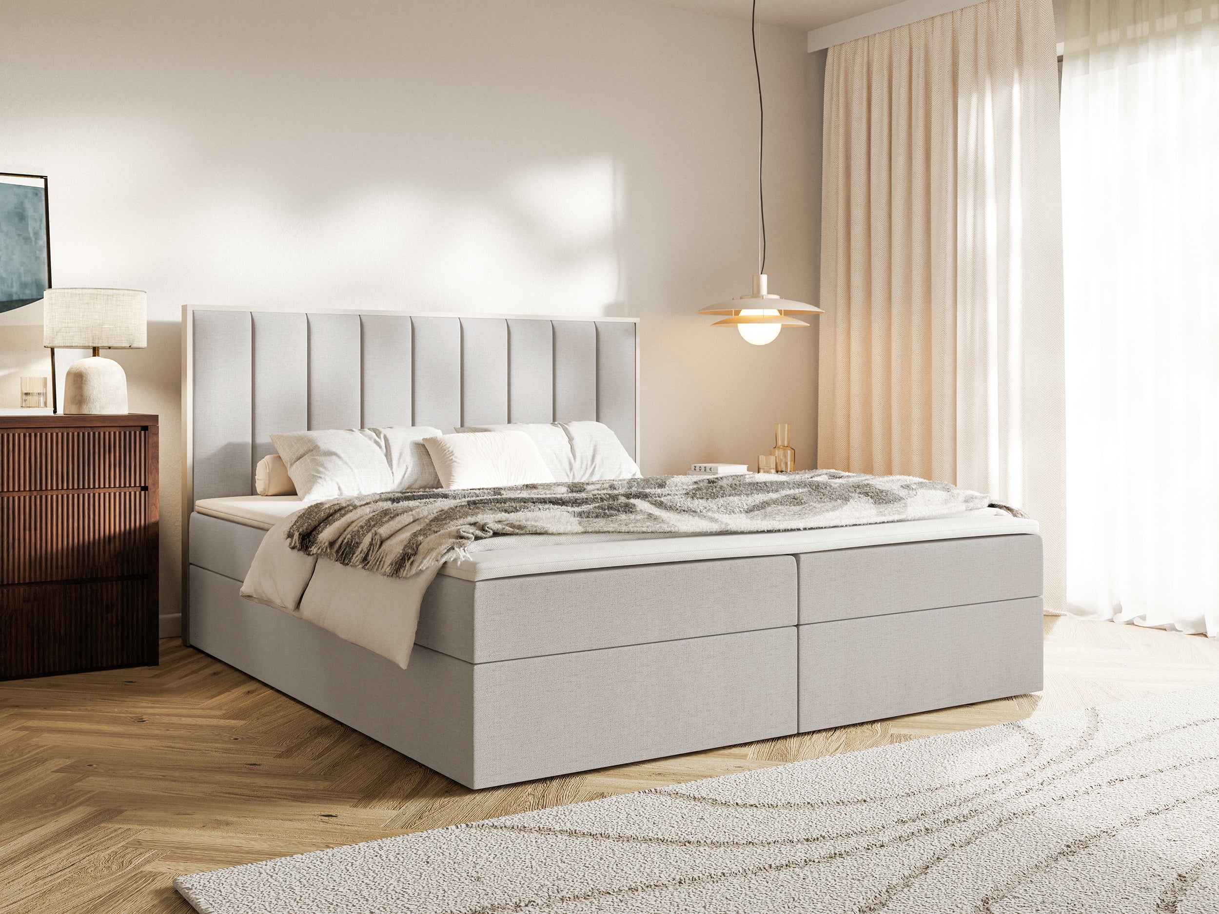 Łóżko kontynentalne Togents 160x200 cm z pojemnikami i topperem szarobeżowe szenil - z materacem