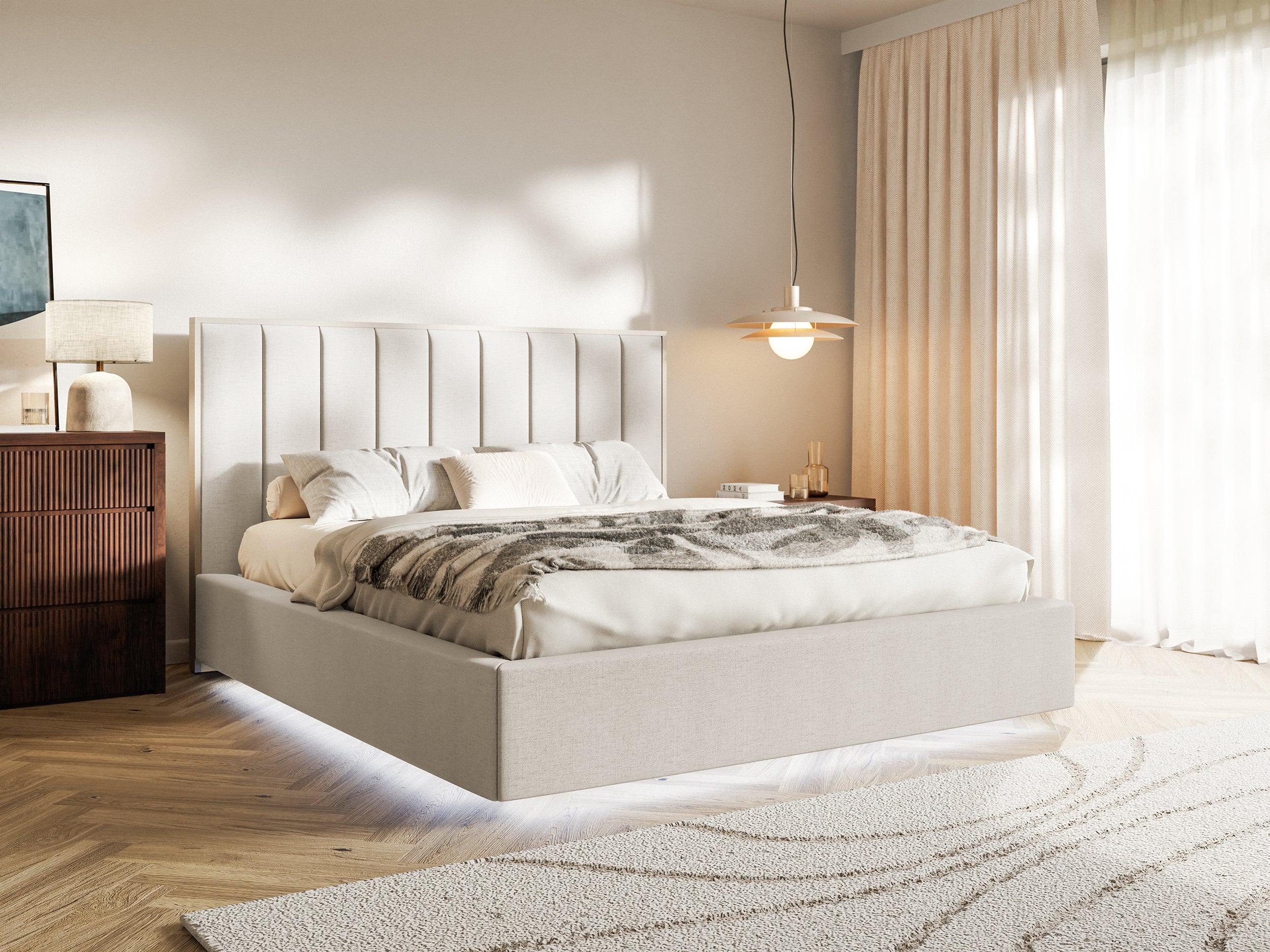 Łóżko tapicerowane Togents 160x200 cm z pojemnikiem i oświetleniem LED stelaż metalowy jasnobeżowe szenil - bez materaca