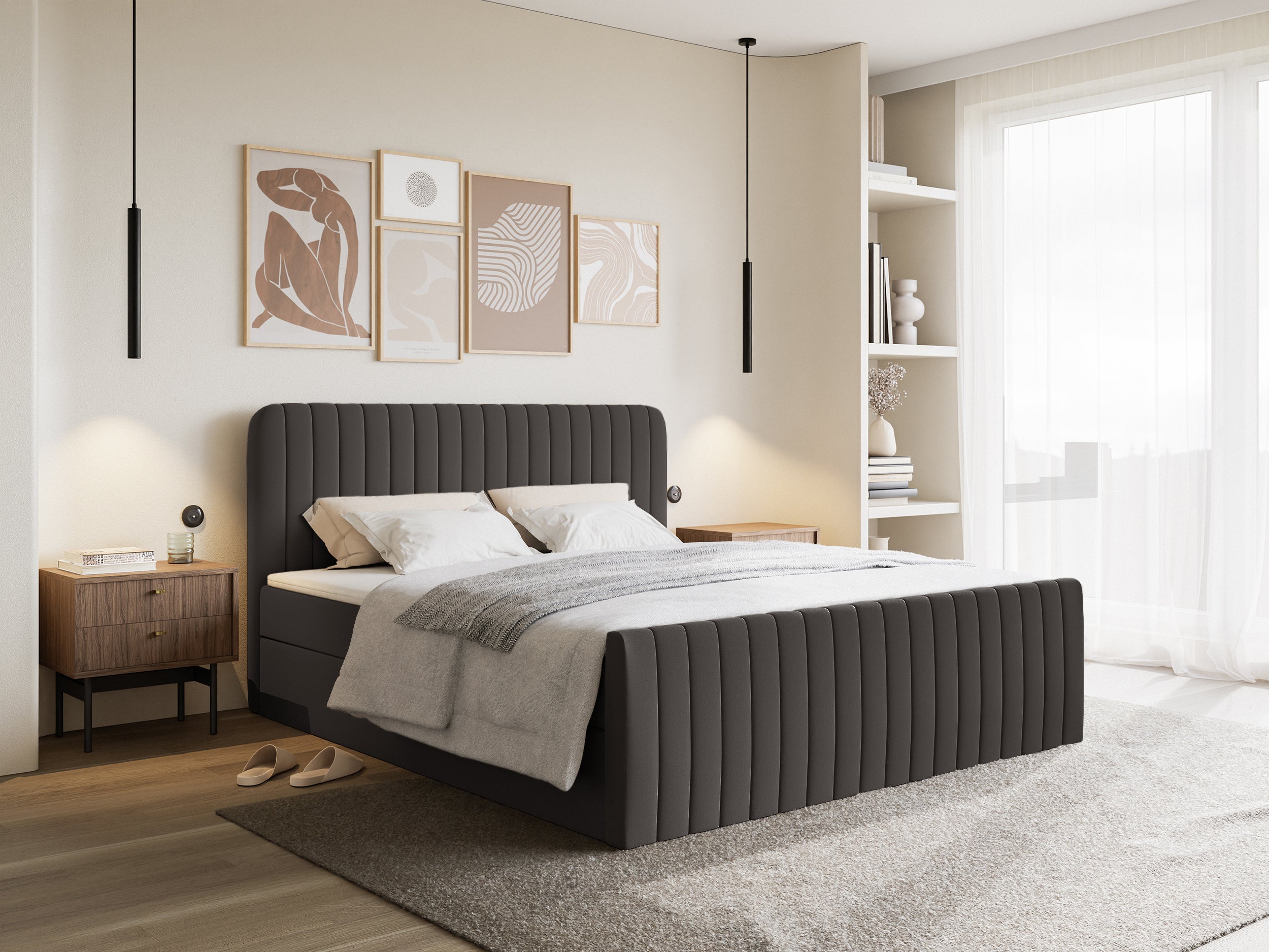 Łóżko kontynentalne 160x200 cm Saliano z pojemnikami i topperem grafitowe szenil hydrofobowy