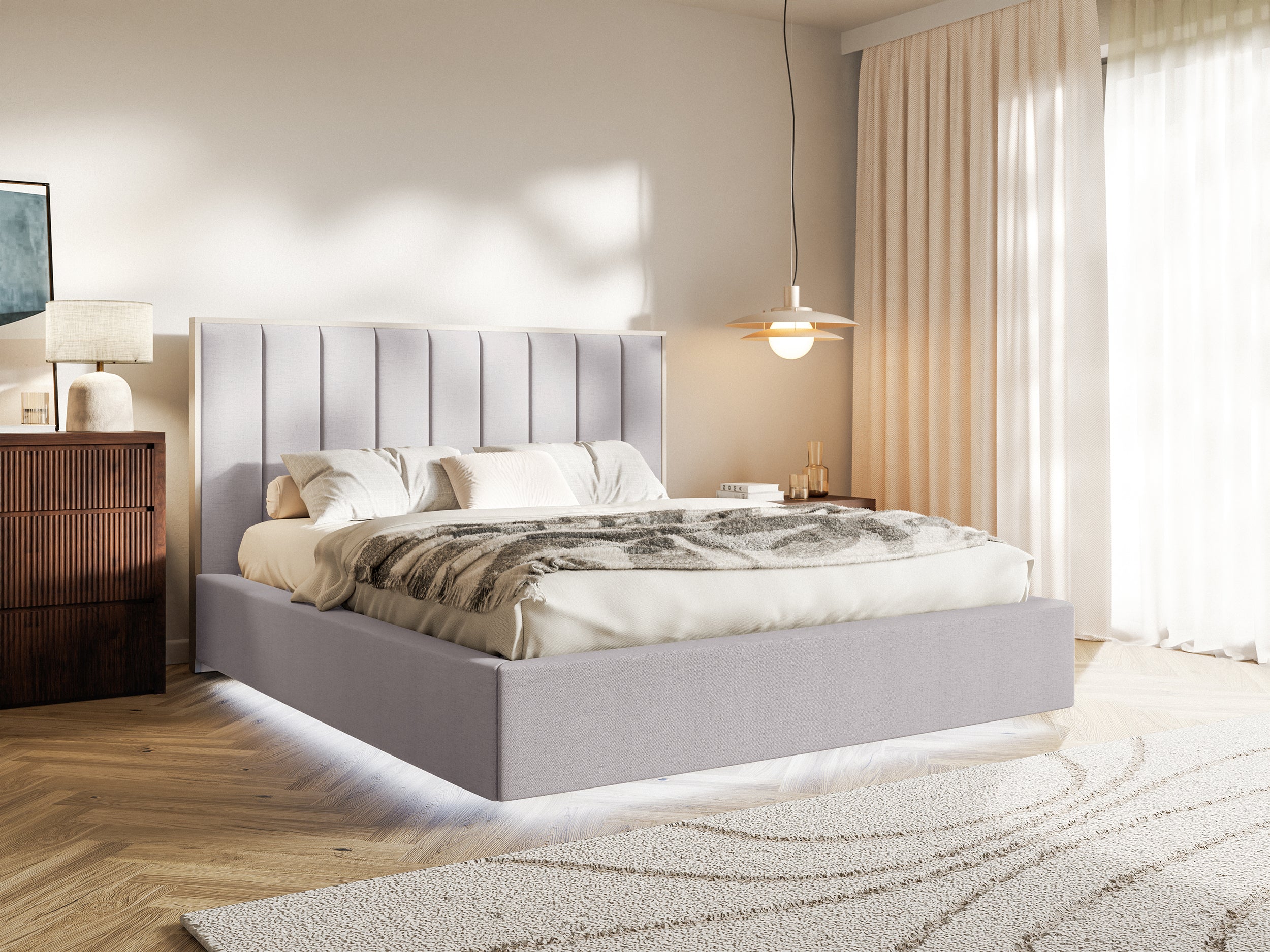 Łóżko tapicerowane Togents 180x200 cm z pojemnikiem i oświetleniem LED stelaż metalowy szare szenil - bez materaca