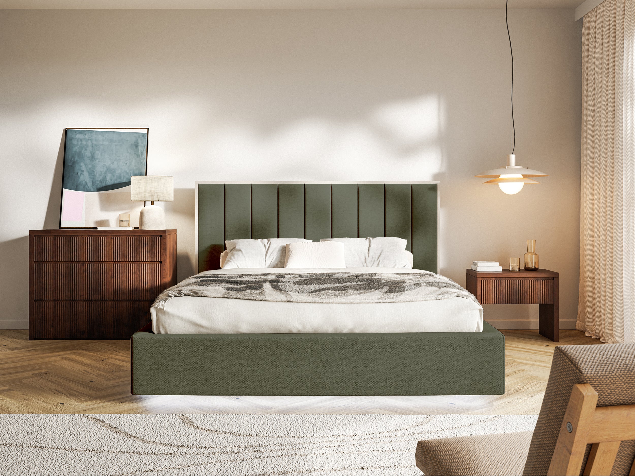 Łóżko tapicerowane 160x200 cm Togents z oświetleniem LED ciemnozielone szenil hydrofobowy