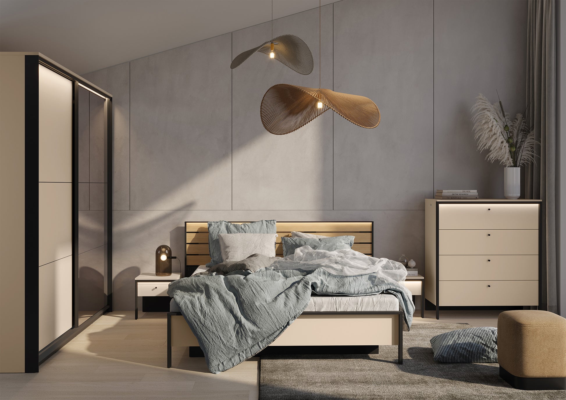 Komoda Enna z czterema szufladami i oświetleniem LED 101 w aranżacji salonu - materiał metal