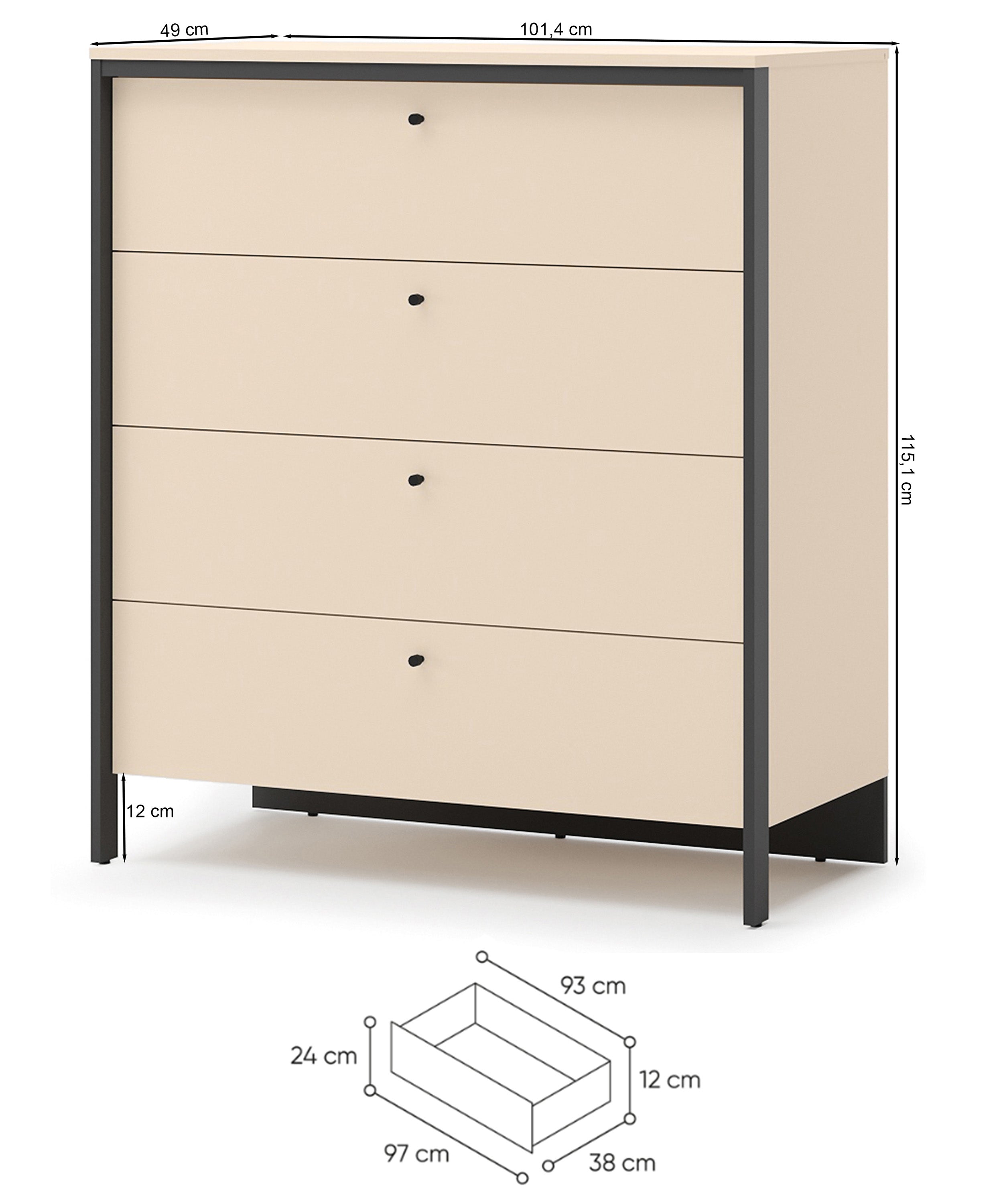 Rysunek wymiarowy - Komoda Enna z czterema szufladami i oświetleniem LED 101: szerokość 101,4 cm, głębokość 49 cm, wysokość 115,1 cm