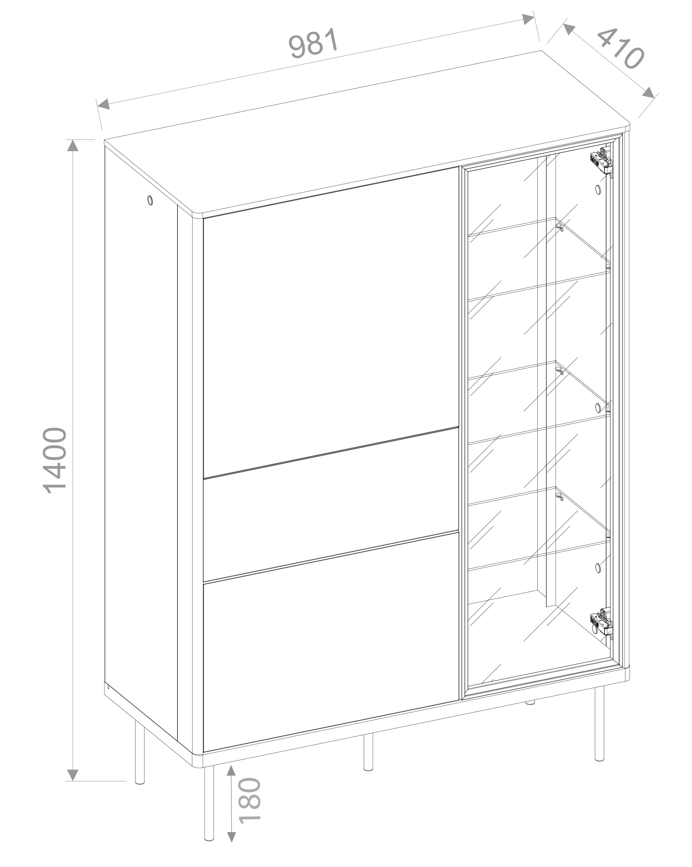Rysunek wymiarowy - Komoda wysoka Epiro z witryną: szerokość 98,1 cm, głębokość 41 cm, wysokość 140 cm