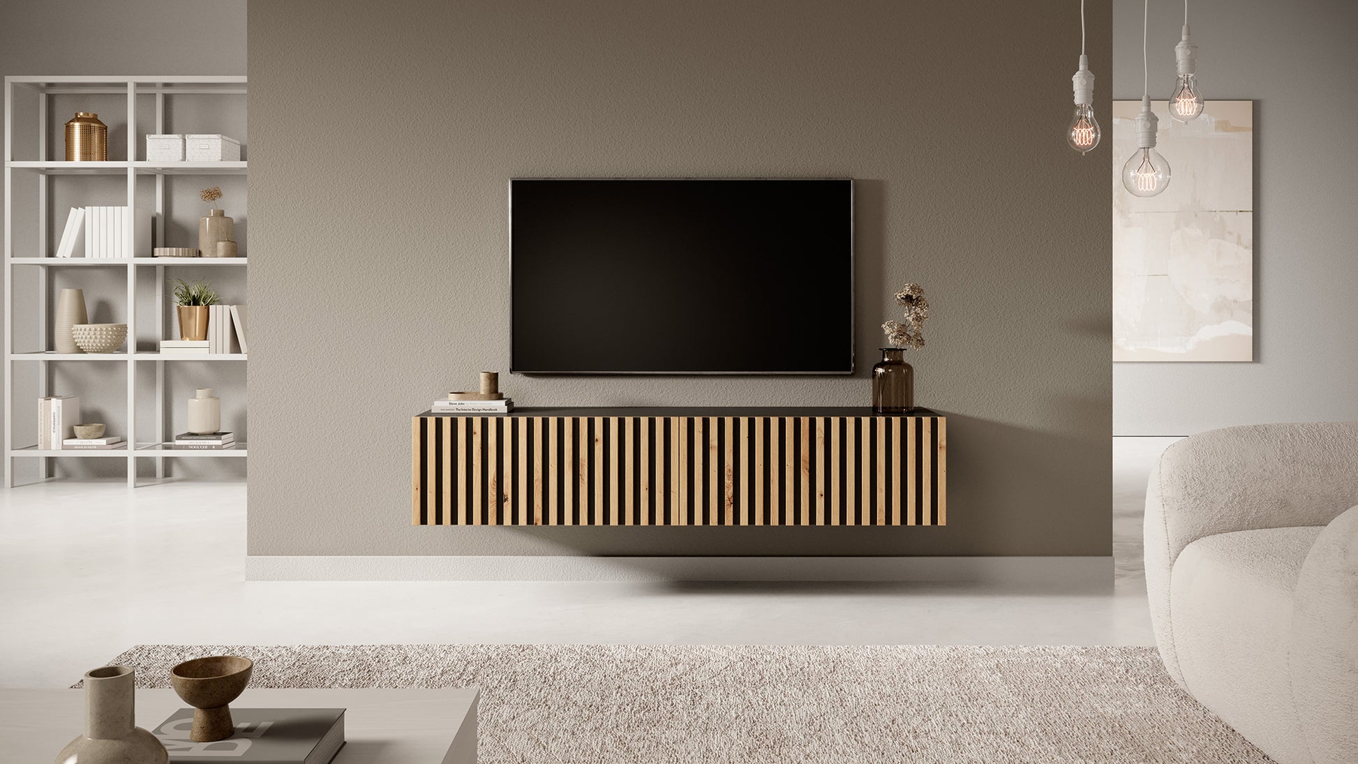 Szafka RTV Telire 138,6 cm czarna z lamelowym frontem dąb artisan - materiał płyta meblowa