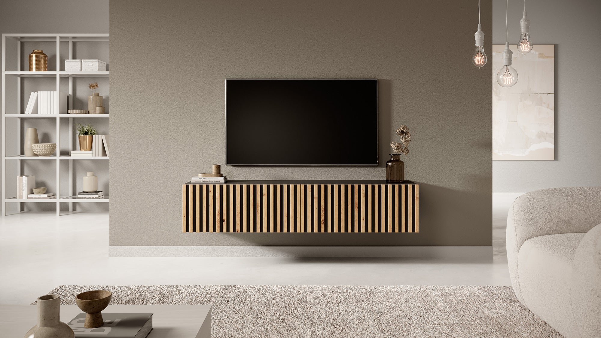 Szafka RTV Telire 138,6 cm czarna z lamelowym frontem dąb artisan - materiał płyta meblowa
