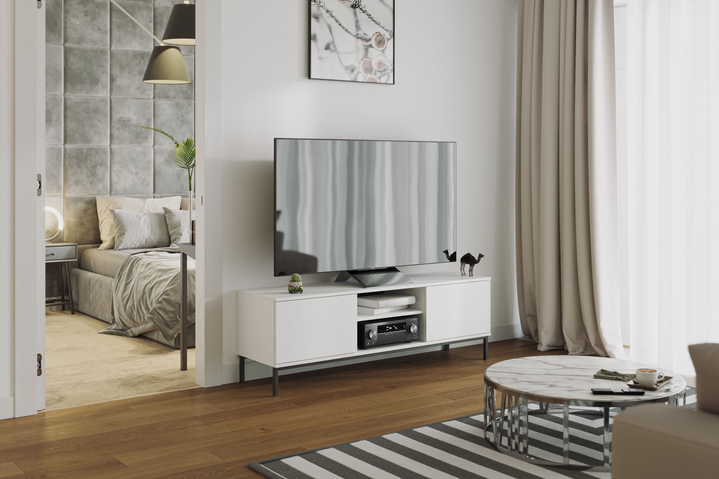 Szafka RTV Perila 150 cm biała - na nóżkach