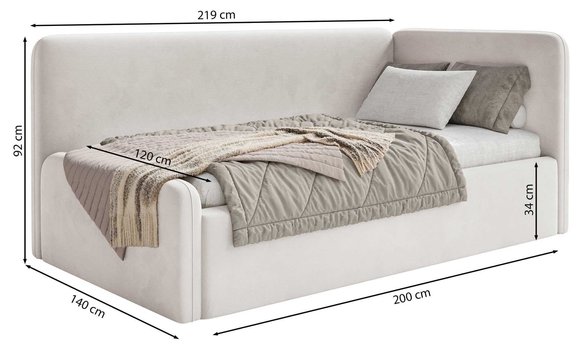 Rysunek wymiarowy - Łóżko młodzieżowe Fanklo 120x200 cm prawostronne z materacem i pojemnikiem niebieskie plusz: szerokość 140 cm, długość 219 cm, wysokość 92 cm
