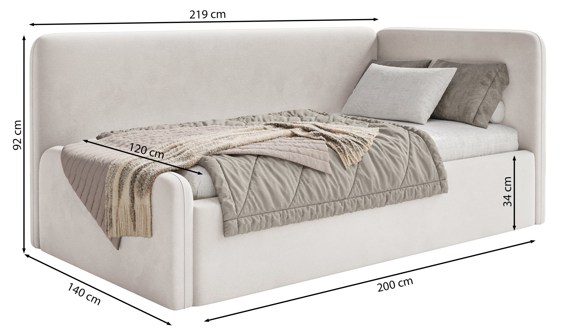 Rysunek wymiarowy - Łóżko młodzieżowe Fanklo 120x200 cm prawostronne z pojemnikiem szare plusz: szerokość 140 cm, długość 219 cm, wysokość 92 cm