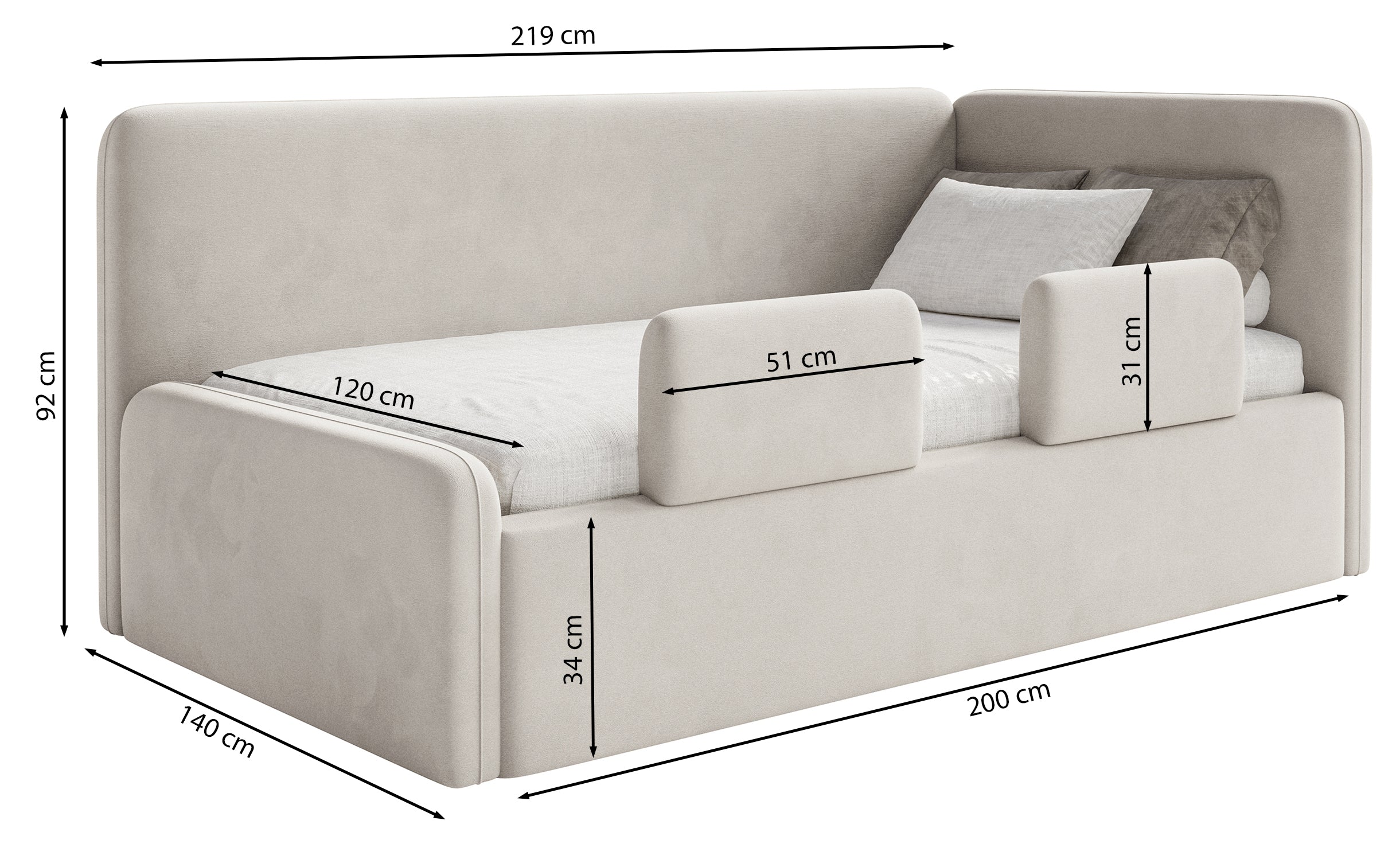 Rysunek wymiarowy - Łóżko młodzieżowe Fanklo 120x200 cm prawostronne z pojemnikiem i barierkami szałwiowe plusz: szerokość 140 cm, długość 219 cm, wysokość 92 cm