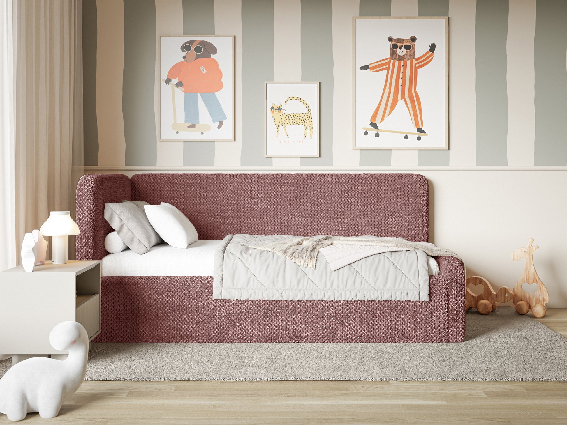 Łóżko młodzieżowe Fanklo 90x200 cm lewostronne z materacem i pojemnikiem różowe plusz - materiał metal