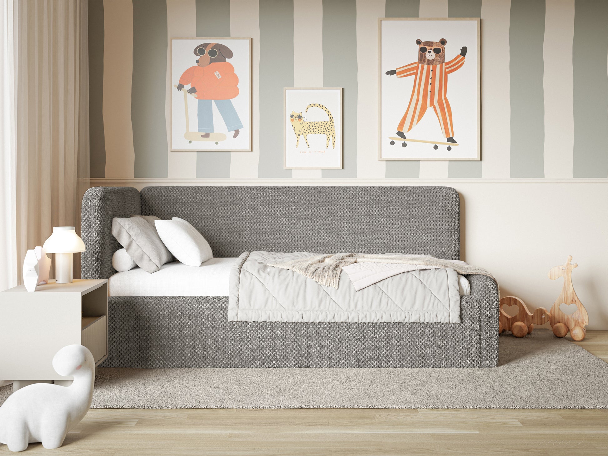 Łóżko młodzieżowe Fanklo 90x200 cm lewostronne z pojemnikiem szarobrązowe plusz - materiał metal