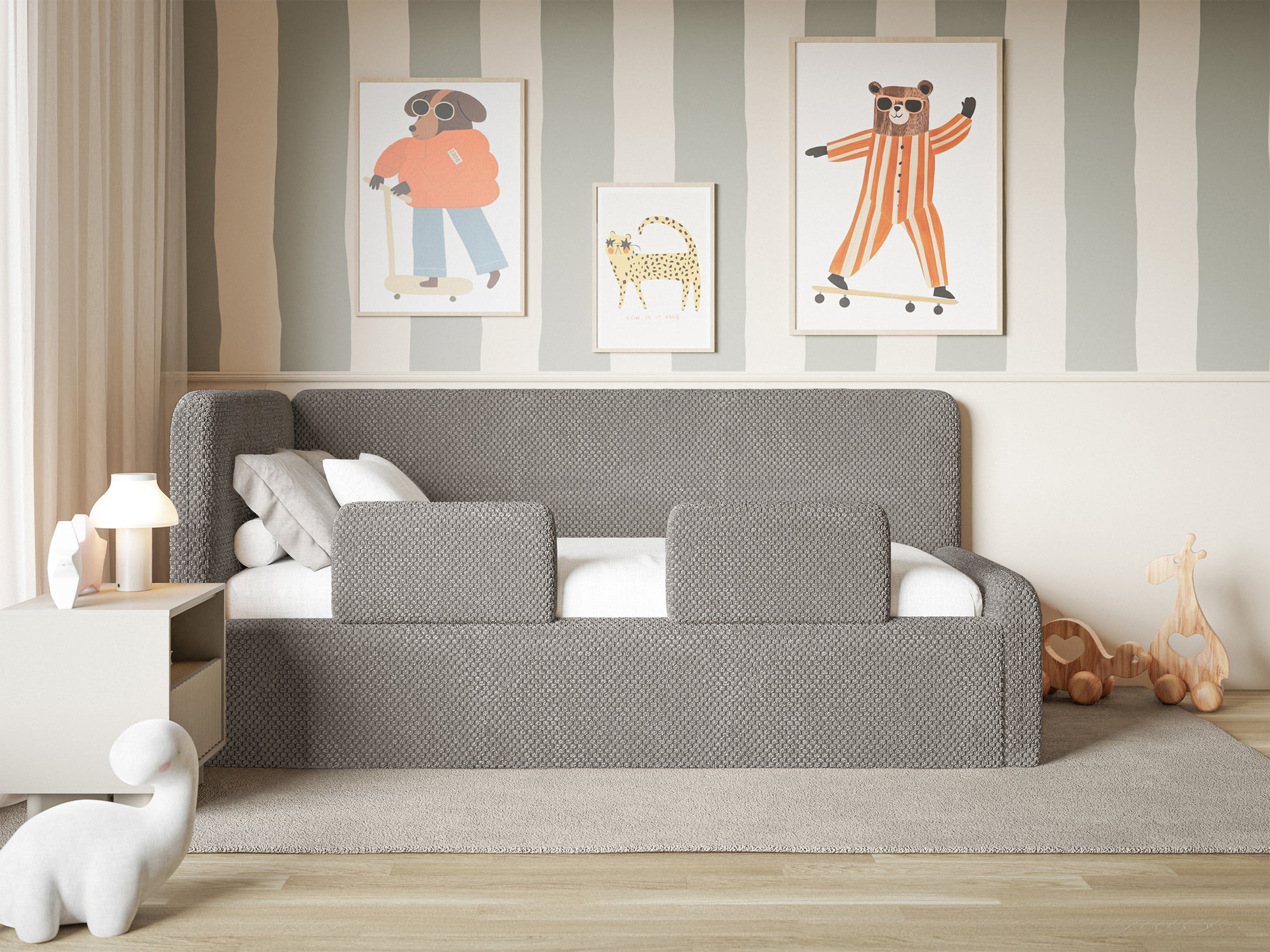 Łóżko młodzieżowe Fanklo 90x200 cm lewostronne z materacem pojemnikiem i barierkami szarobrązowe plusz - materiał metal