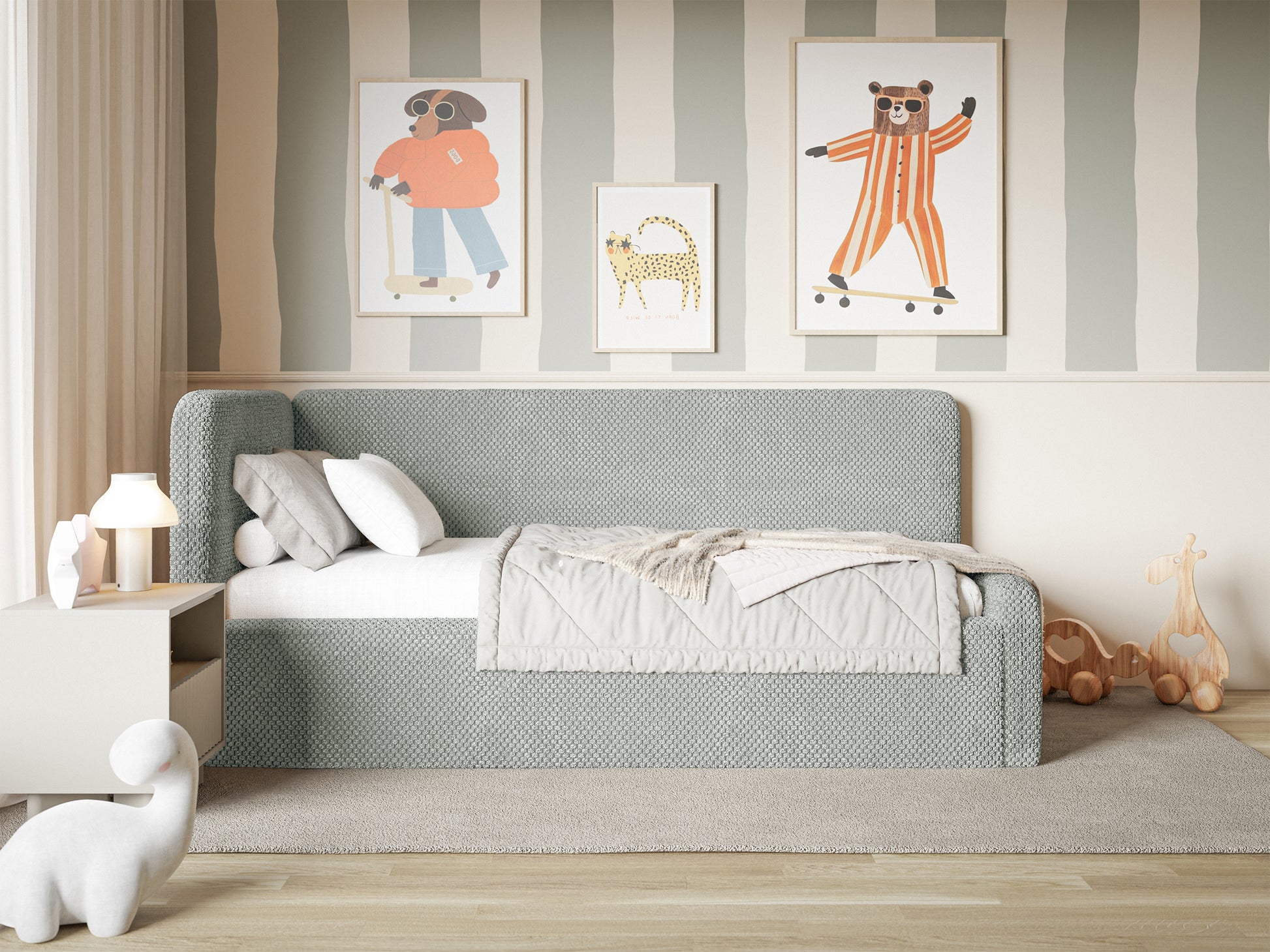 Łóżko młodzieżowe Fanklo 120x200 cm lewostronne z pojemnikiem szare plusz - rodzaj dwuosobowy