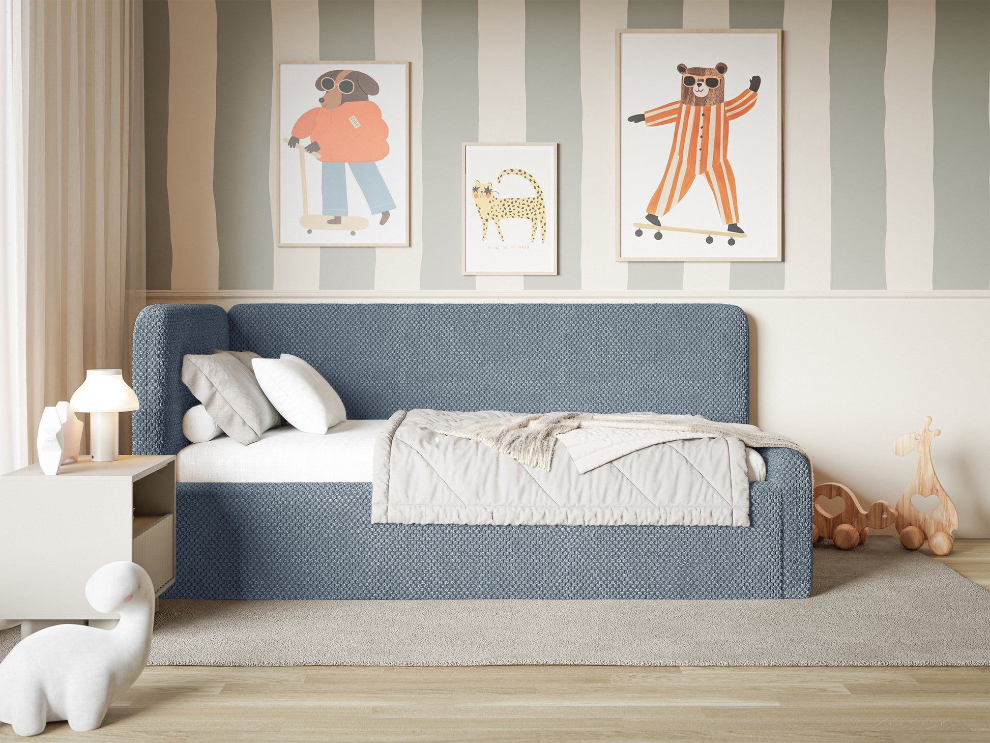 Łóżko młodzieżowe Fanklo 90x200 cm lewostronne z pojemnikiem niebieskie plusz - materiał metal