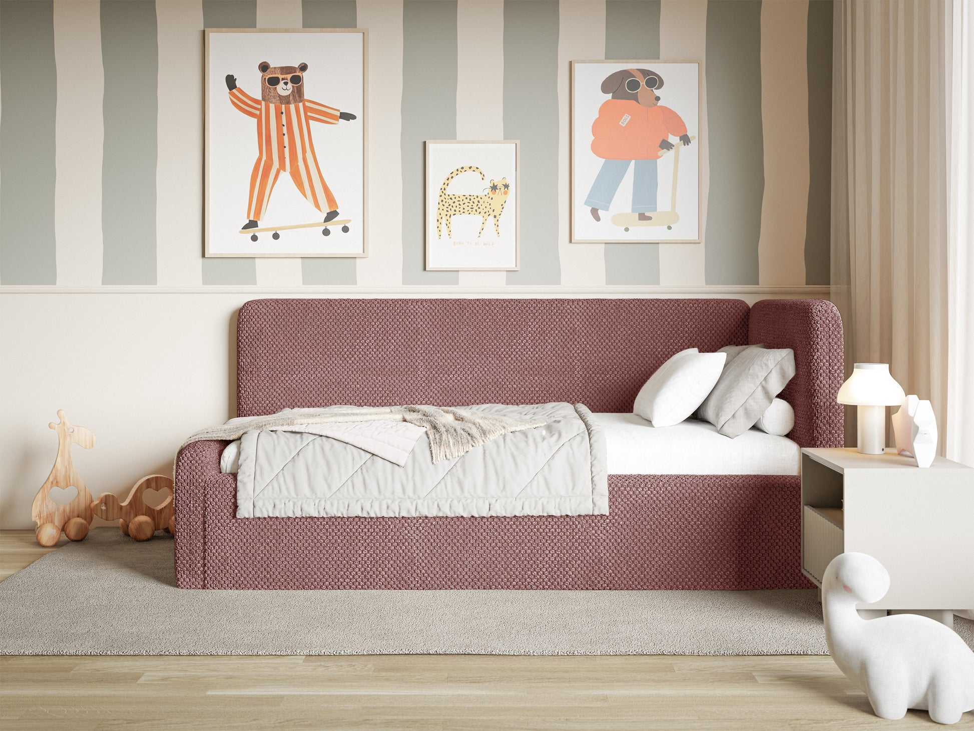 Łóżko młodzieżowe Fanklo 90x200 cm prawostronne z pojemnikiem różowe plusz - materiał metal