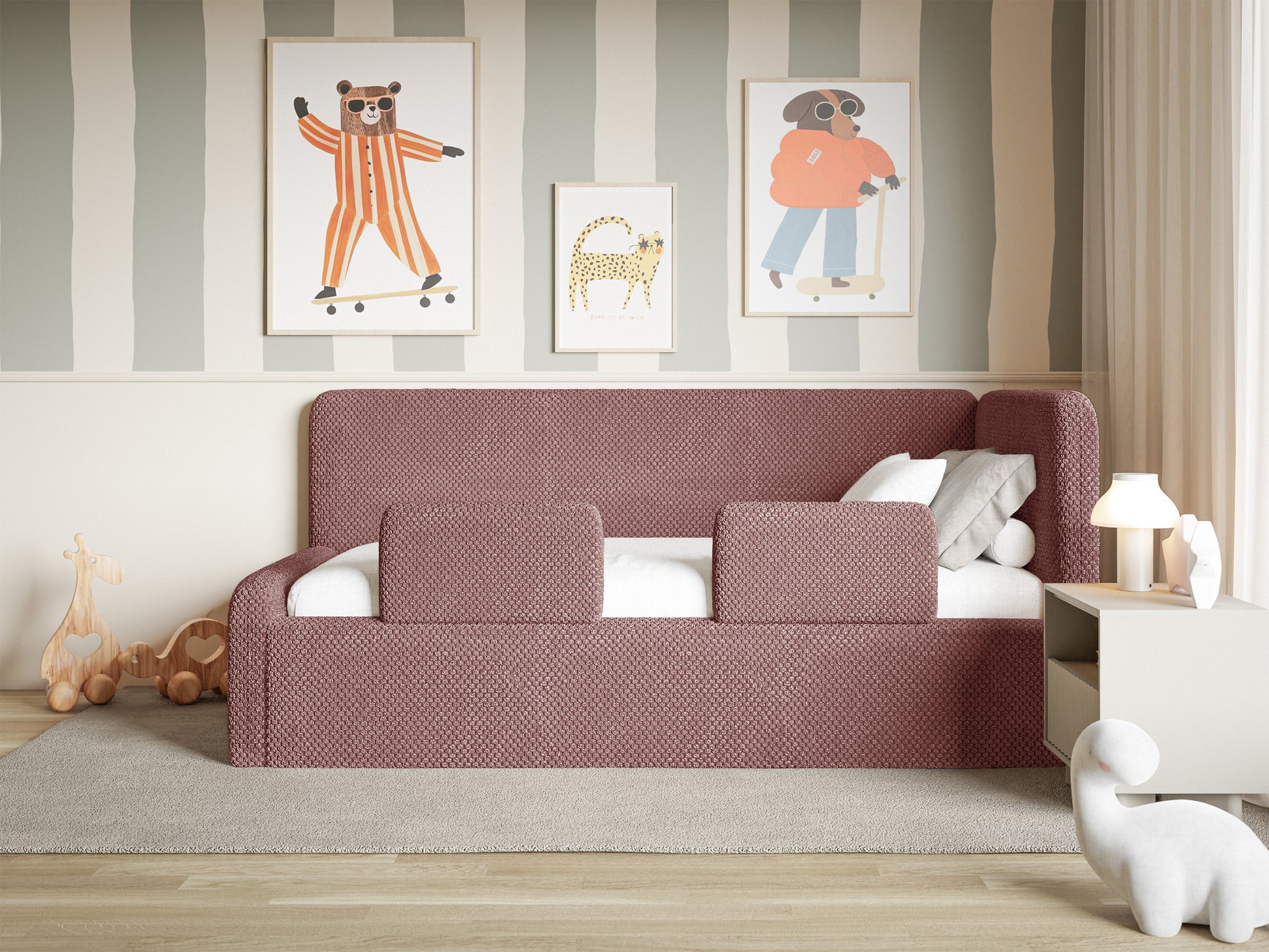 Łóżko młodzieżowe Fanklo 90x200 cm prawostronne z pojemnikiem i barierkami różowe plusz - materiał metal