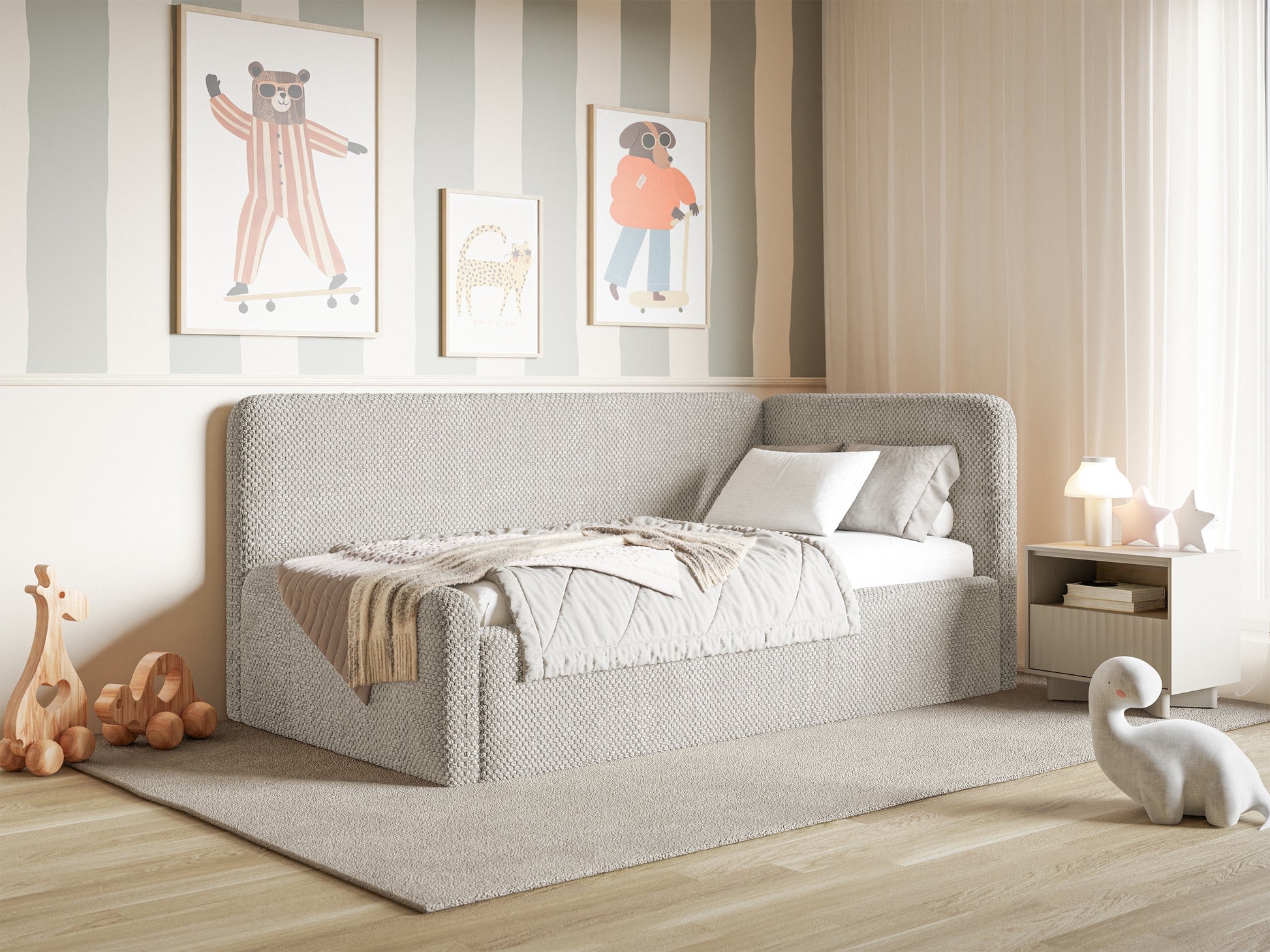 Łóżko młodzieżowe Fanklo 90x200 cm prawostronne z pojemnikiem i barierkami szarobeżowe plusz - szerokość 110 cm