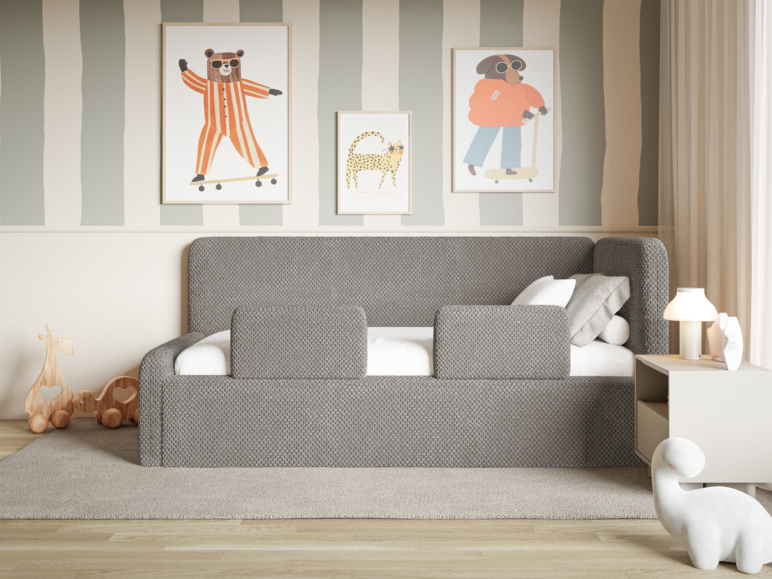 Łóżko młodzieżowe Fanklo 90x200 cm prawostronne z pojemnikiem i barierkami szarobrązowe plusz - materiał metal
