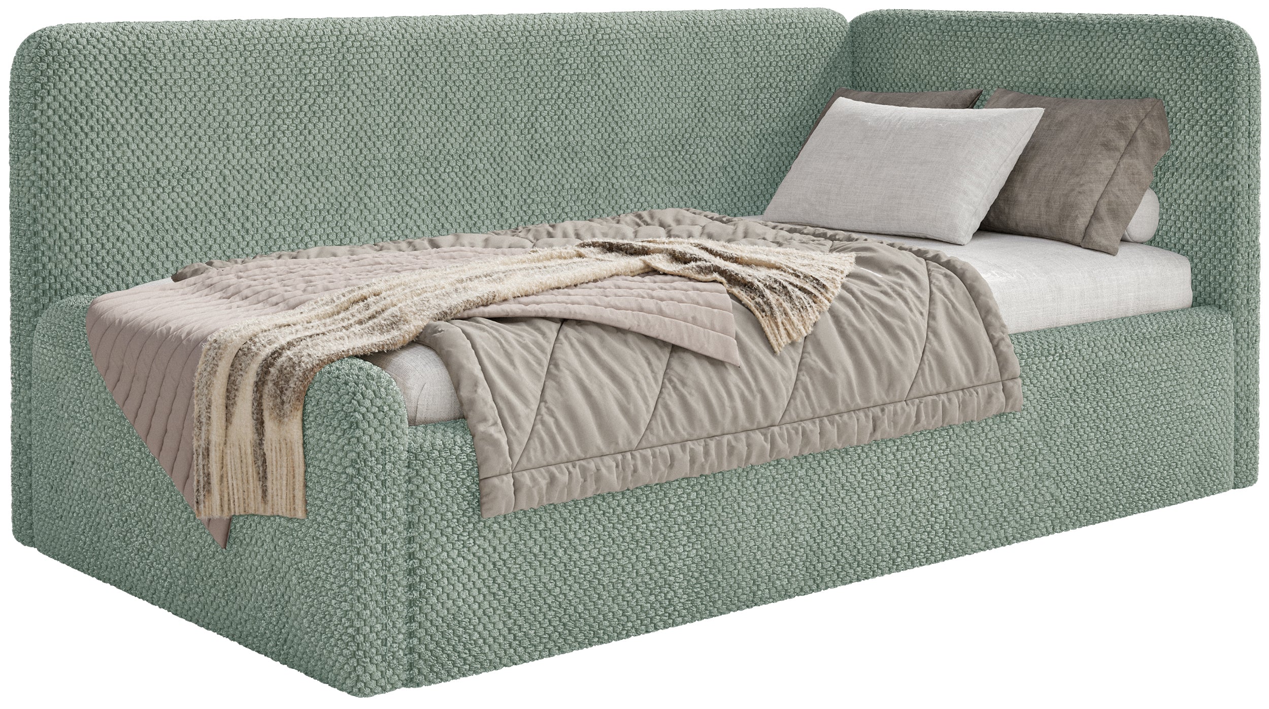 Łóżko młodzieżowe 90x200 cm Fanklo prawostronne z materacem i pojemnikiem szałwiowe plusz hydrofobowy