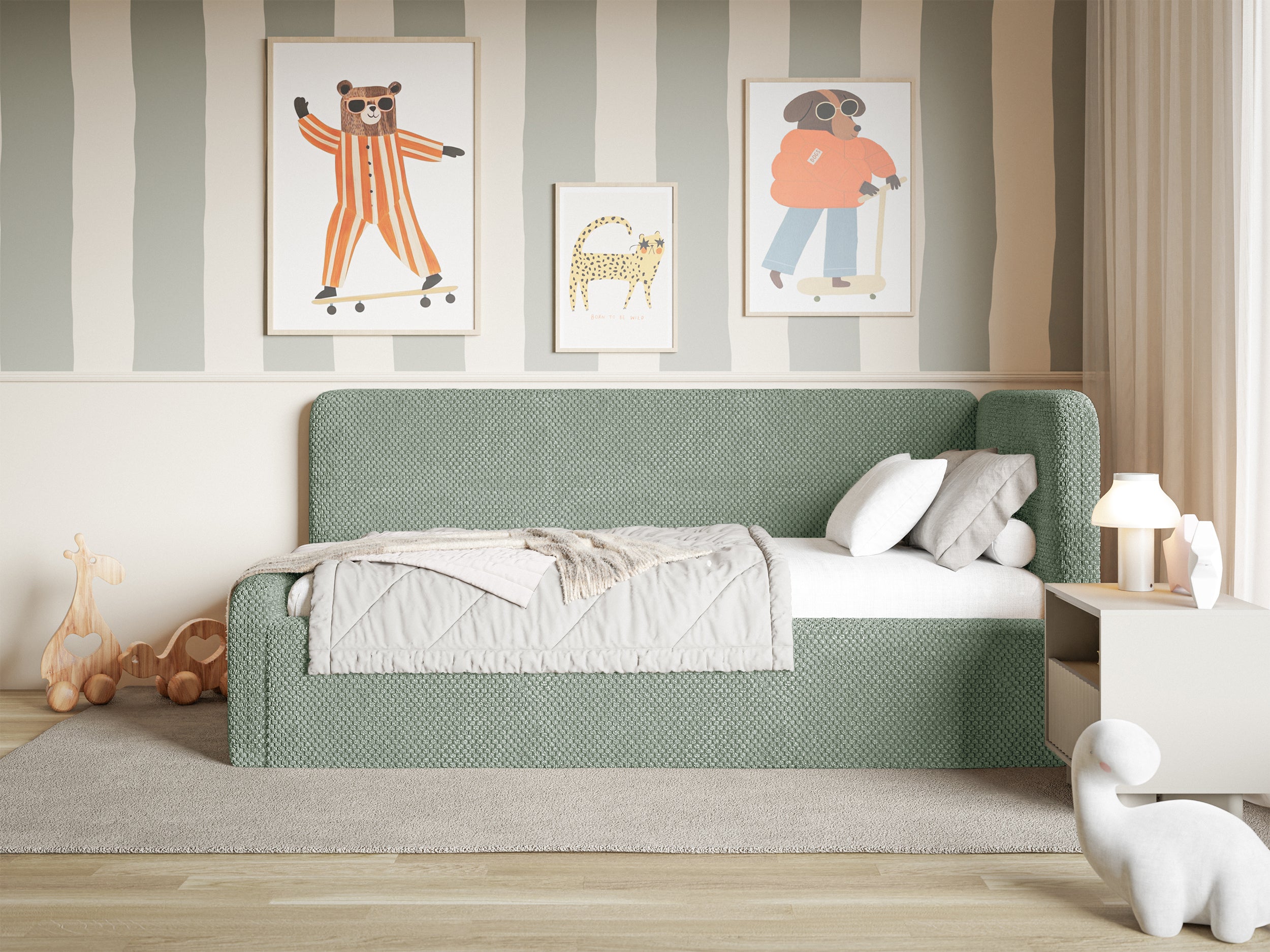 Łóżko młodzieżowe Fanklo 120x200 cm prawostronne z pojemnikiem i barierkami szałwiowe plusz - materiał drewno