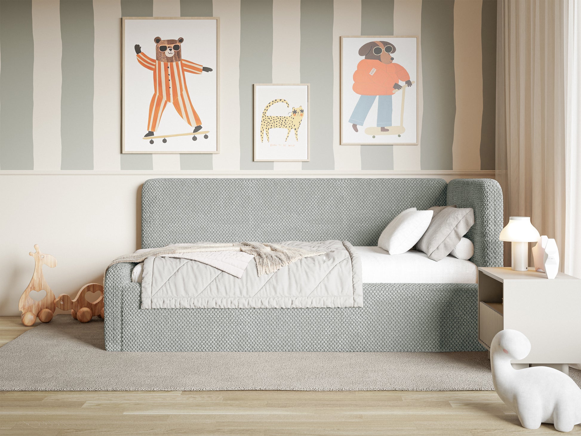 Łóżko młodzieżowe Fanklo 120x200 cm prawostronne z materacem i pojemnikiem szare plusz - rodzaj dwuosobowy