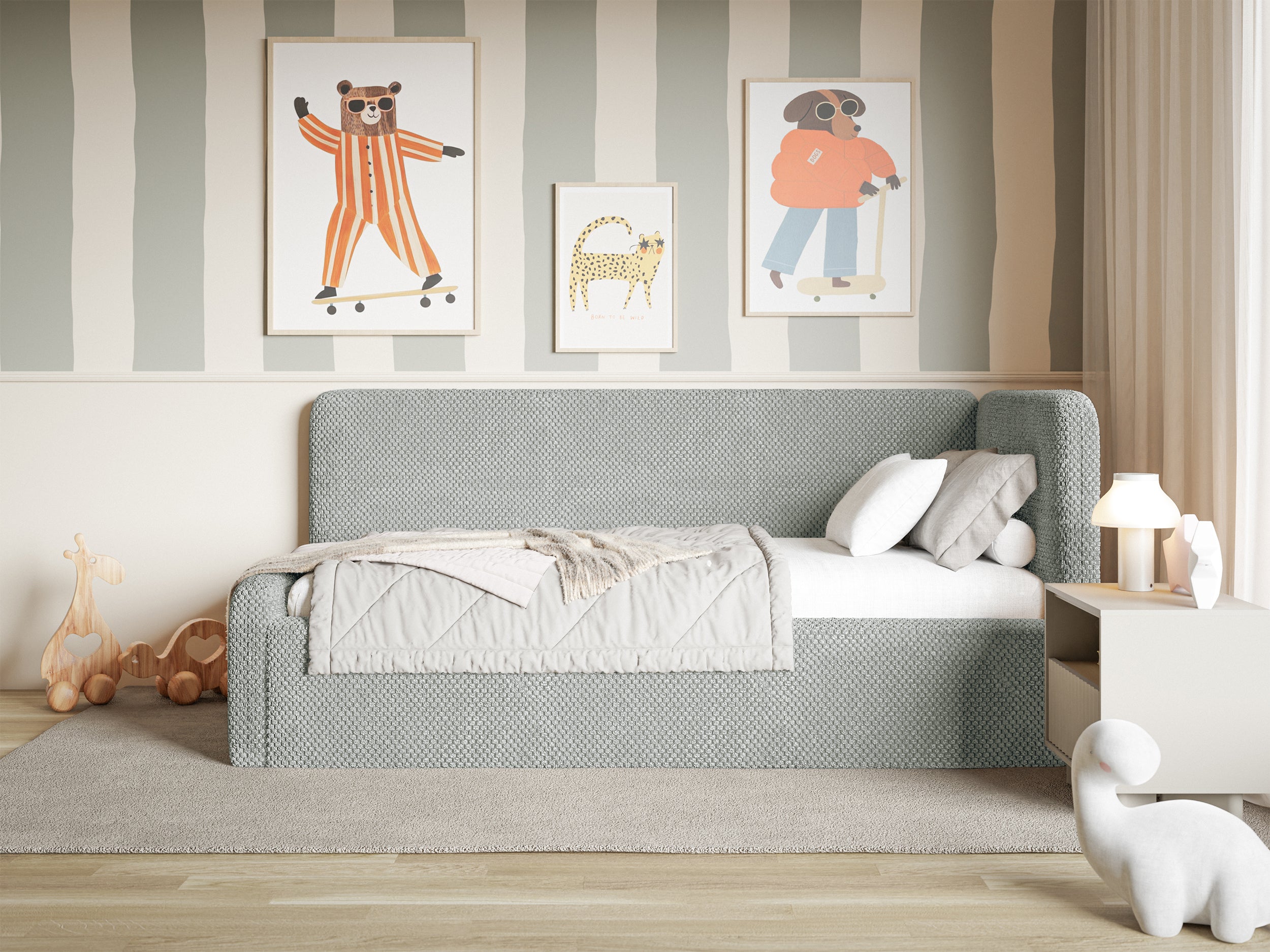 Łóżko młodzieżowe Fanklo 120x200 cm prawostronne z materacem i pojemnikiem szare plusz - rodzaj dwuosobowy