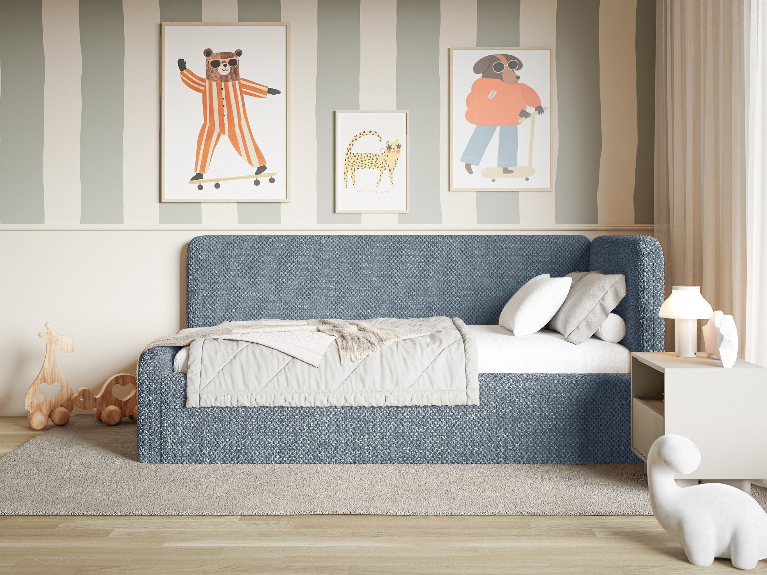 Łóżko młodzieżowe Fanklo 120x200 cm prawostronne z pojemnikiem i barierkami niebieskie plusz - materiał drewno