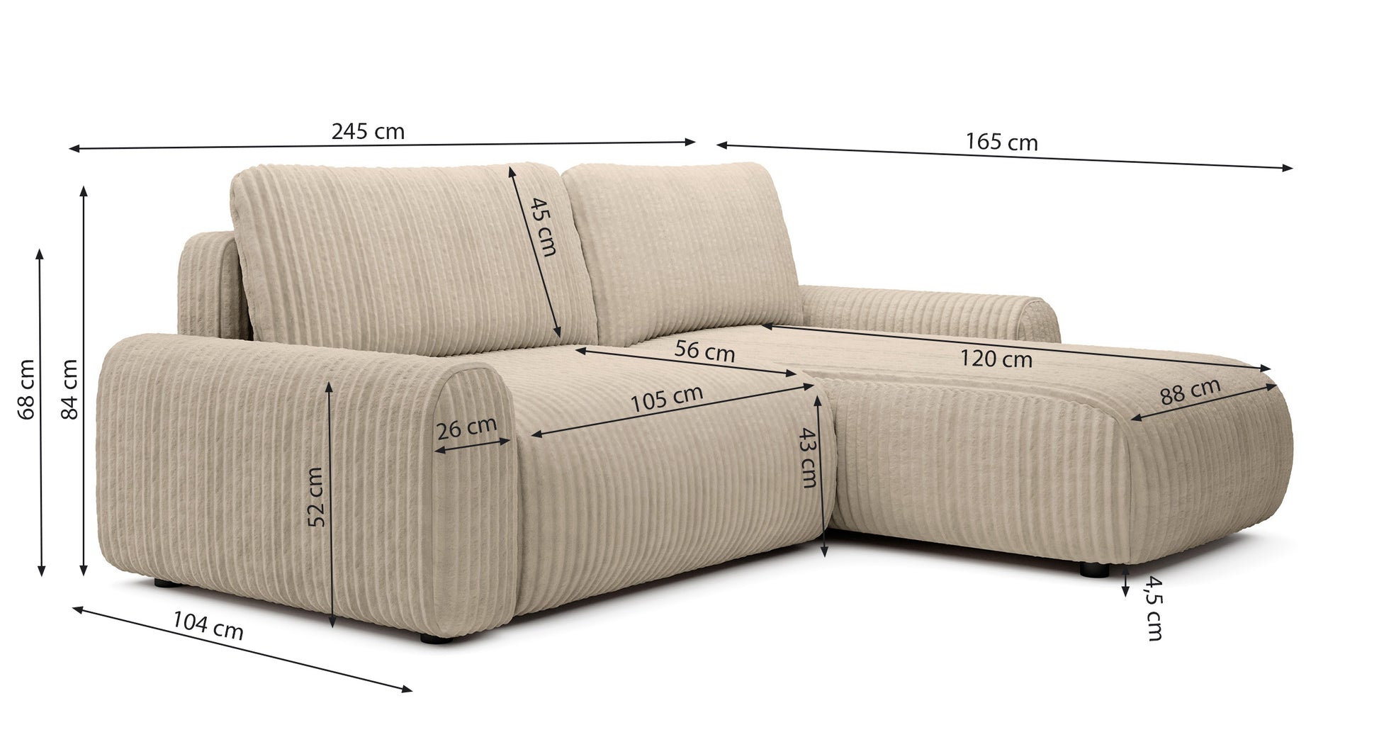 Rysunek wymiarowy - Narożnik Lelu uniwersalny z pojemnikiem czarny: szerokość 245 cm, głębokość 165 cm, wysokość 84 cm