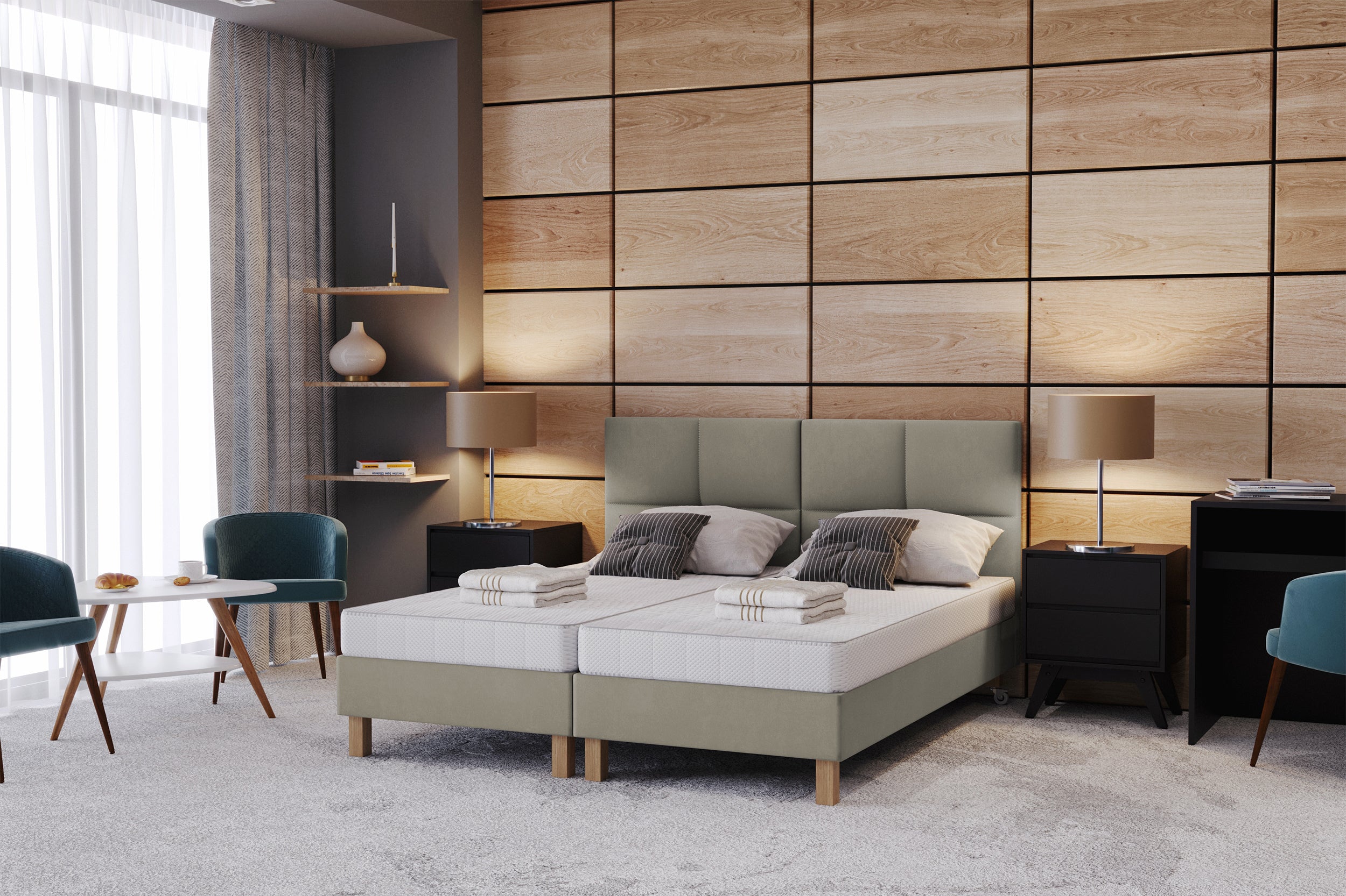 Łóżko tapicerowane Donbay 80x200 cm z wezglowiem panelowym i materacem kieszeniowym szarobeżowe - materiał drewno