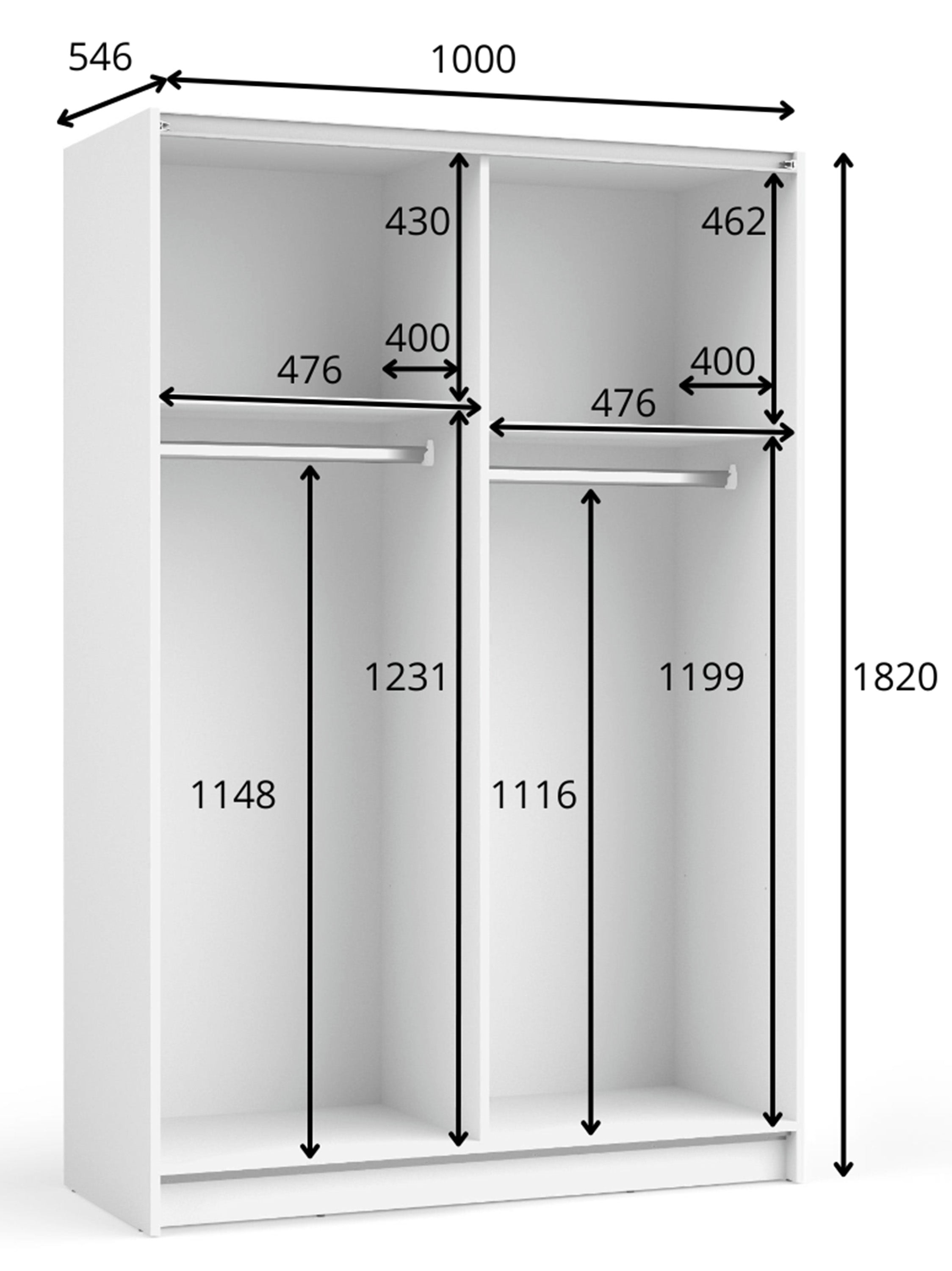 Rysunek wymiarowy - Szafa przesuwna Fiaso z lustrem 100 cm czarna: szerokość 100 cm, głębokość 54,5 cm, wysokość 182 cm
