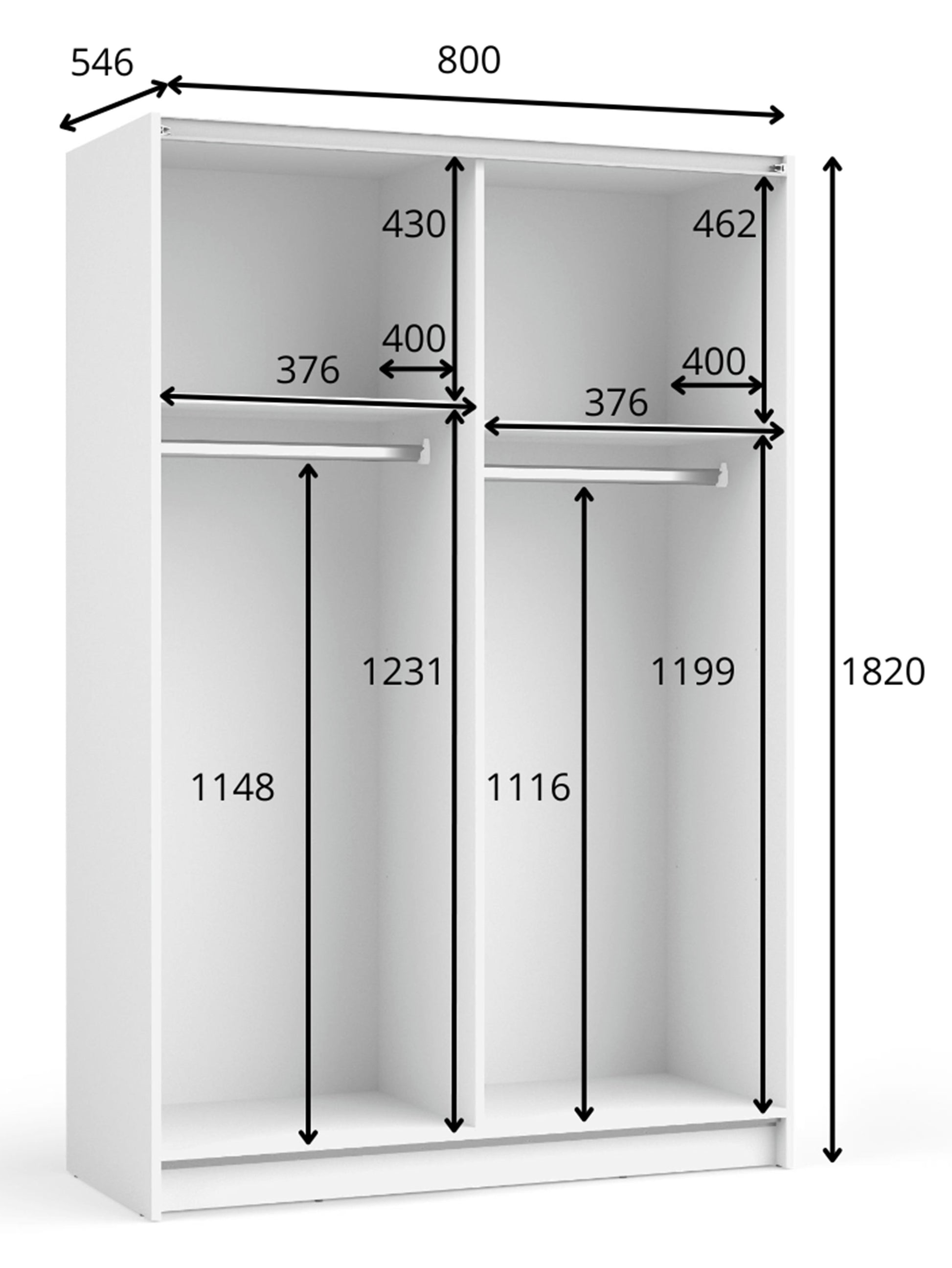 Rysunek wymiarowy - Szafa przesuwna Fiaso z lustrem 80 cm czarna: szerokość 80 cm, głębokość 54,5 cm, wysokość 182 cm