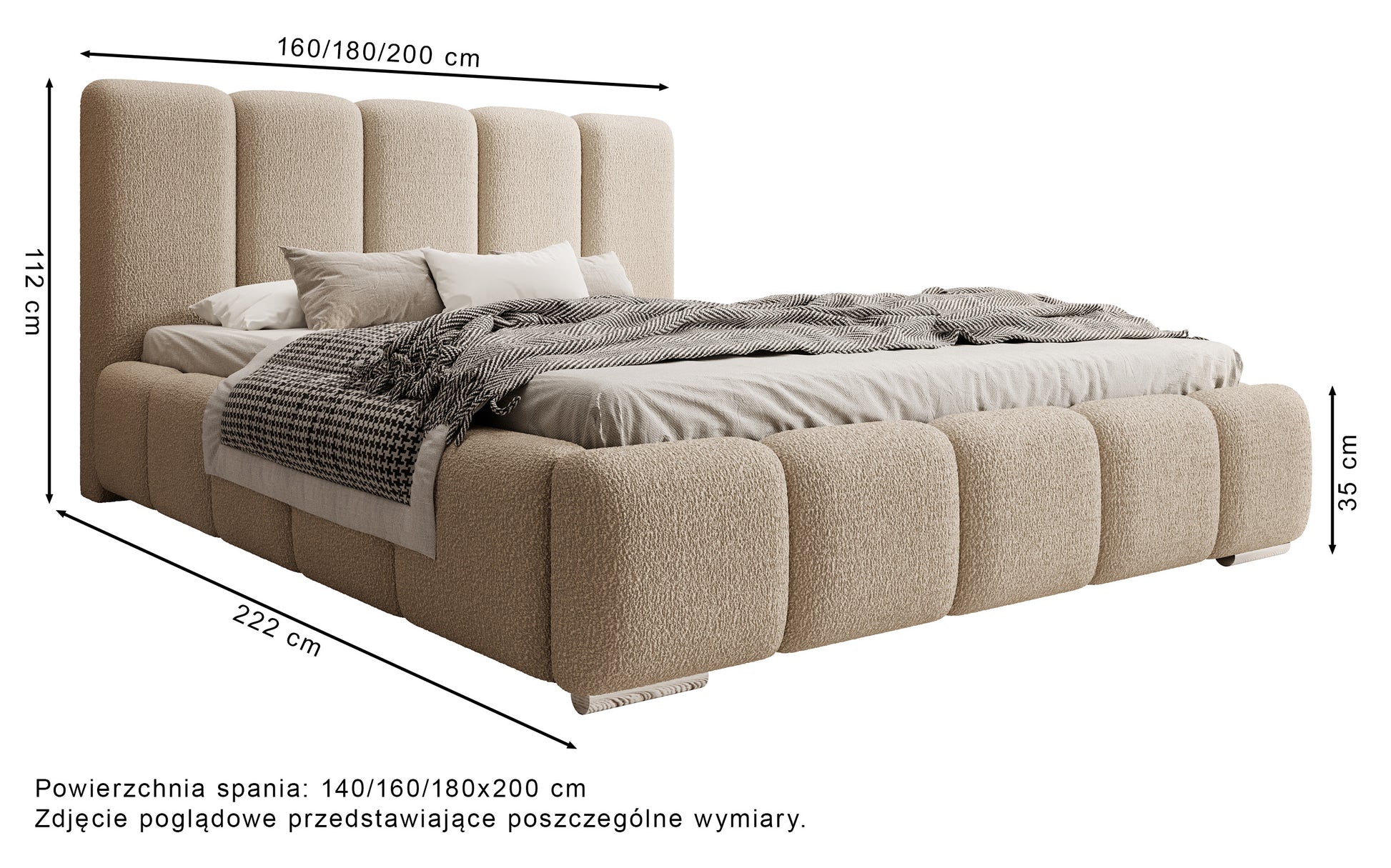 Rysunek wymiarowy - Łóżko tapicerowane Fiftino 160x200 cm z pojemnikiem na pościel ciemnoszare: szerokość 180 cm, długość 222 cm, wysokość 112 cm