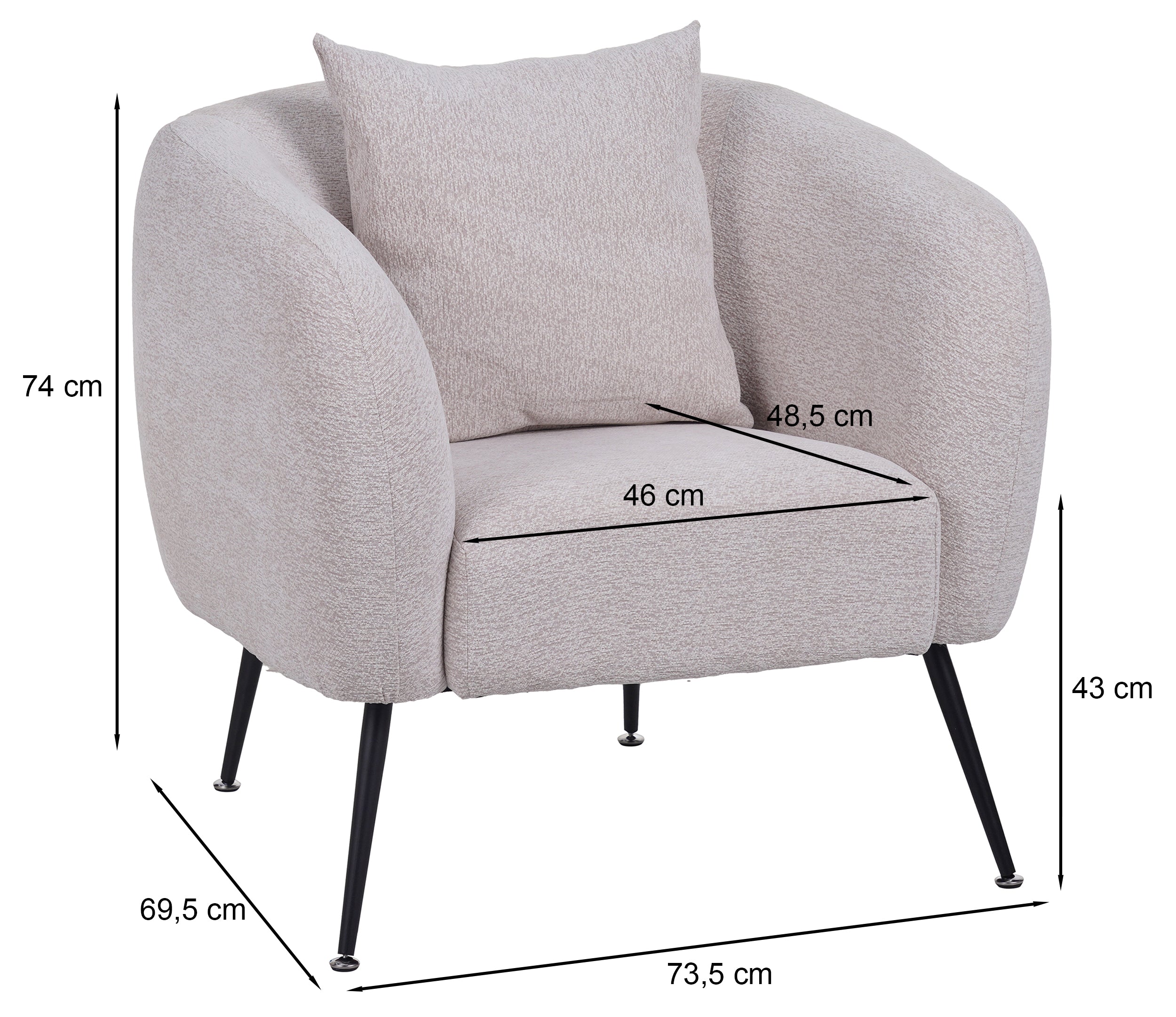 Rysunek wymiarowy - Fotel Inglede ciemnobeżowy: szerokość 73,5 cm, głębokość 69,5 cm, wysokość 74 cm