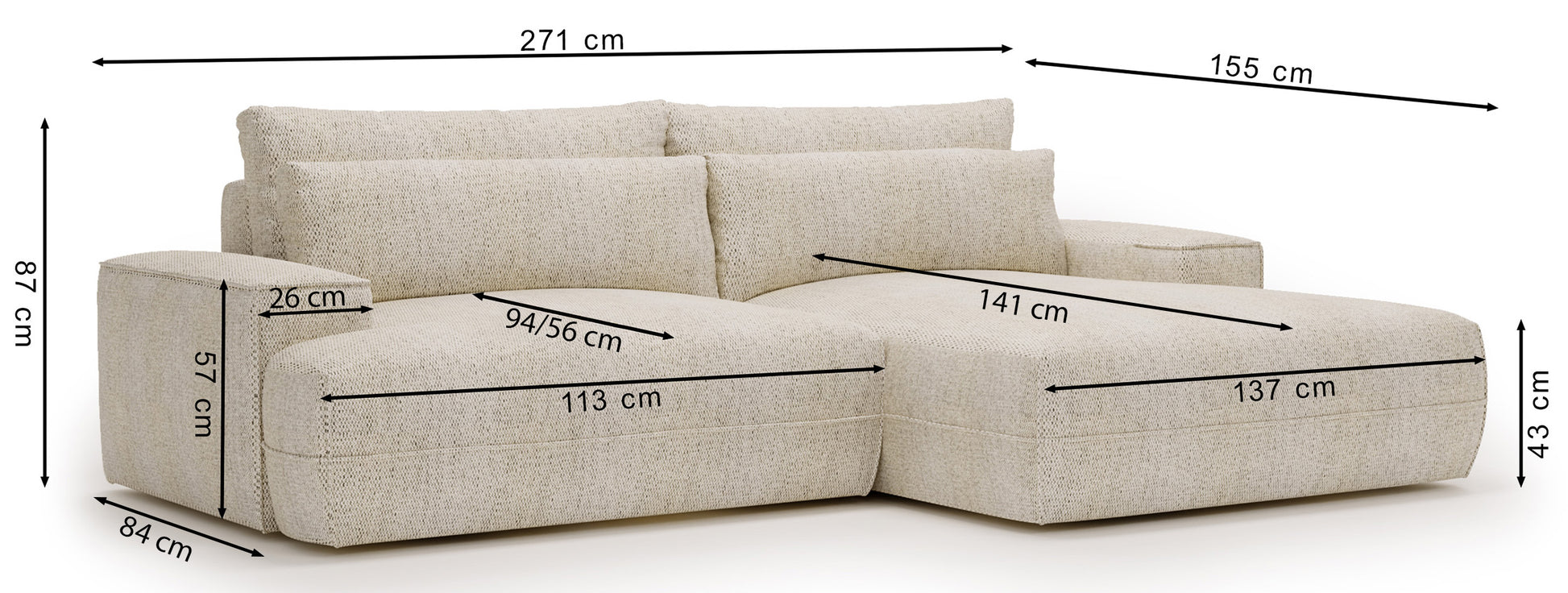Rysunek wymiarowy - Narożnik Frenno grafitowy lewostronny: szerokość 271 cm, głębokość 155 cm, wysokość 87 cm